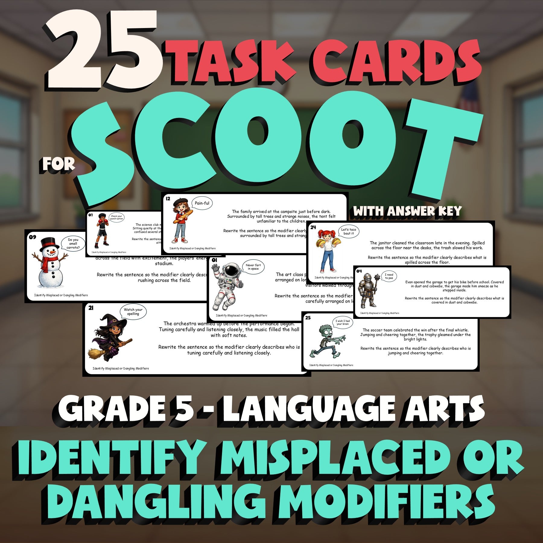 Identify Misplaced or Dangling Modifiers SCOOT TASK CARDS ELA Game - Grade 5