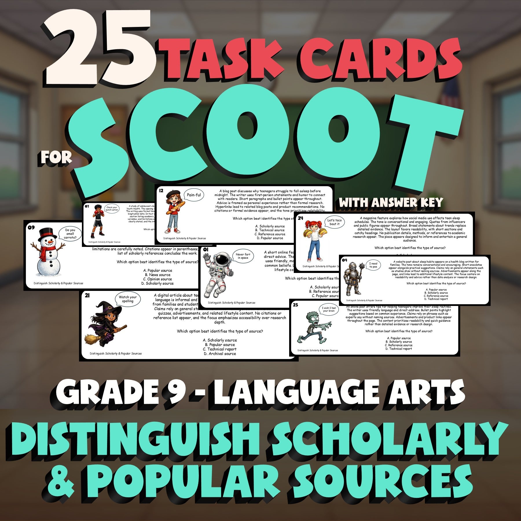 Distinguish Scholarly & Popular Sources SCOOT TASK CARDS ELA Game - Grade 9