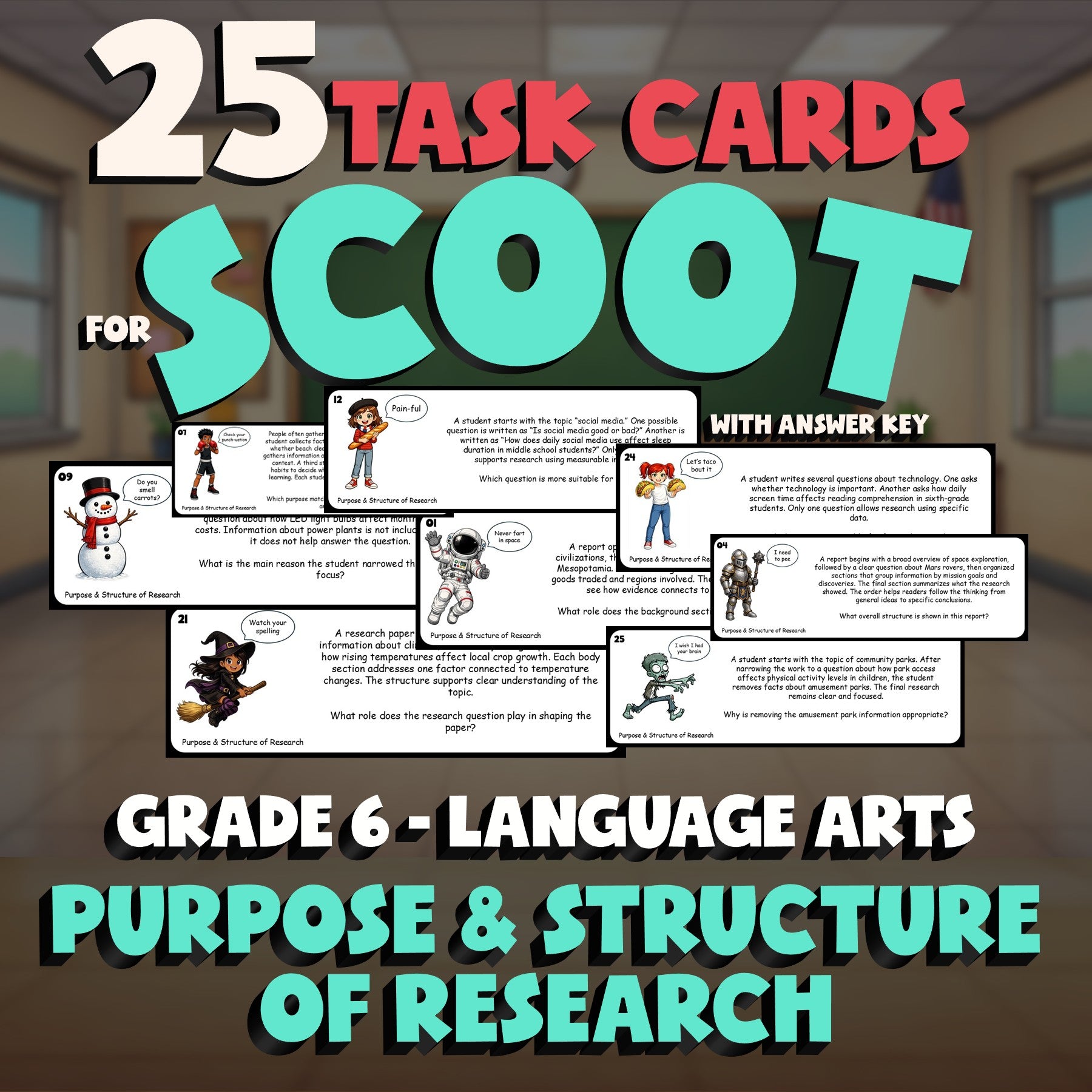 Purpose & Structure of Research SCOOT TASK CARDS ELA Game - No Prep Grade 6