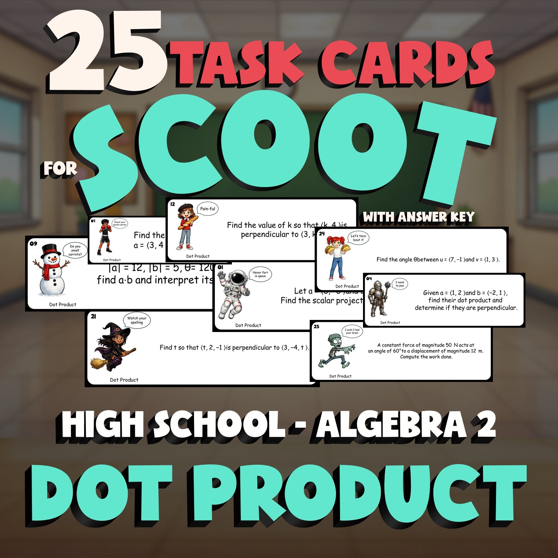Dot Product SCOOT TASK CARDS Math Game - No Prep Algebra 2 Review Activity