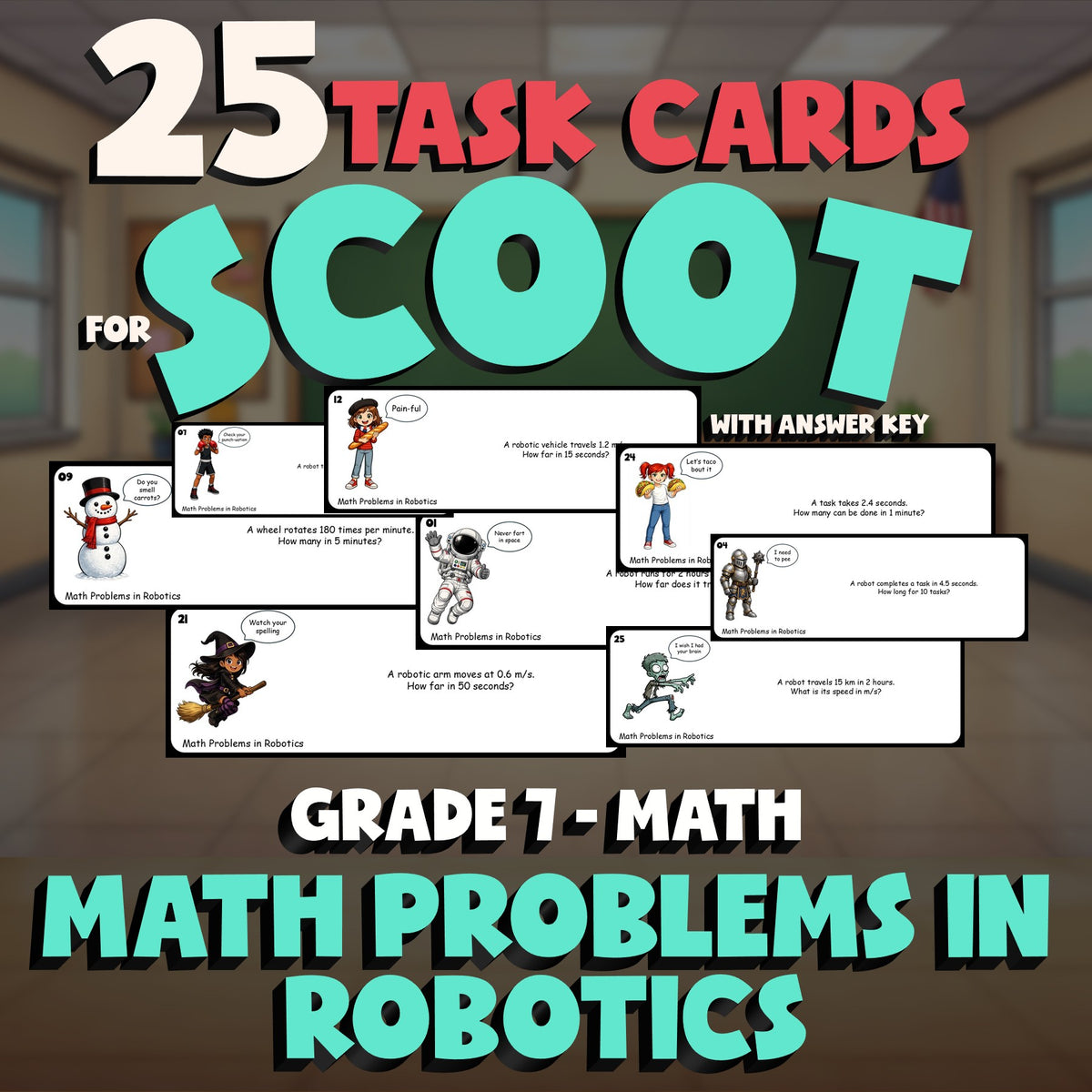 Math Problems in Robotics SCOOT TASK CARDS Math Game - No Prep Grade 7 Review