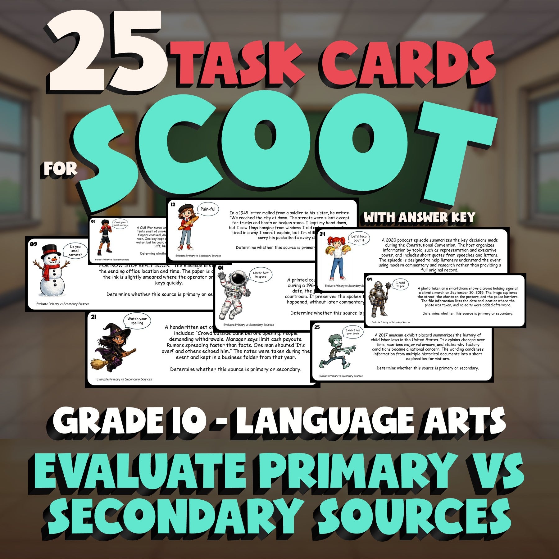 Evaluate Primary vs Secondary Sources SCOOT TASK CARDS ELA Game - Grade 10