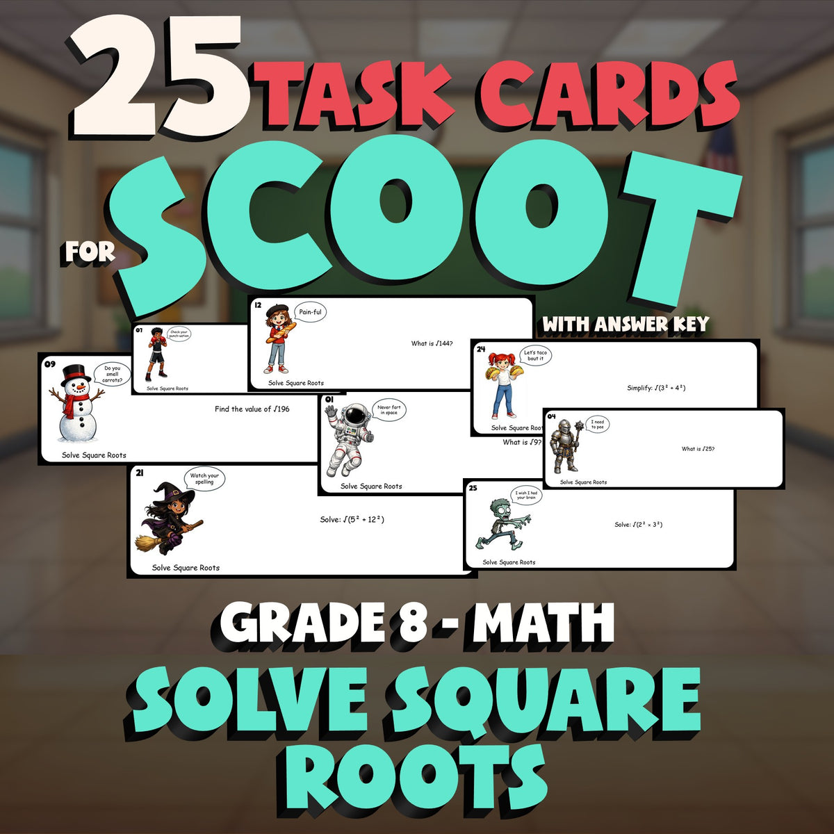 Solve Square Roots SCOOT TASK CARDS Math Game - No Prep Grade 8 Review Activity