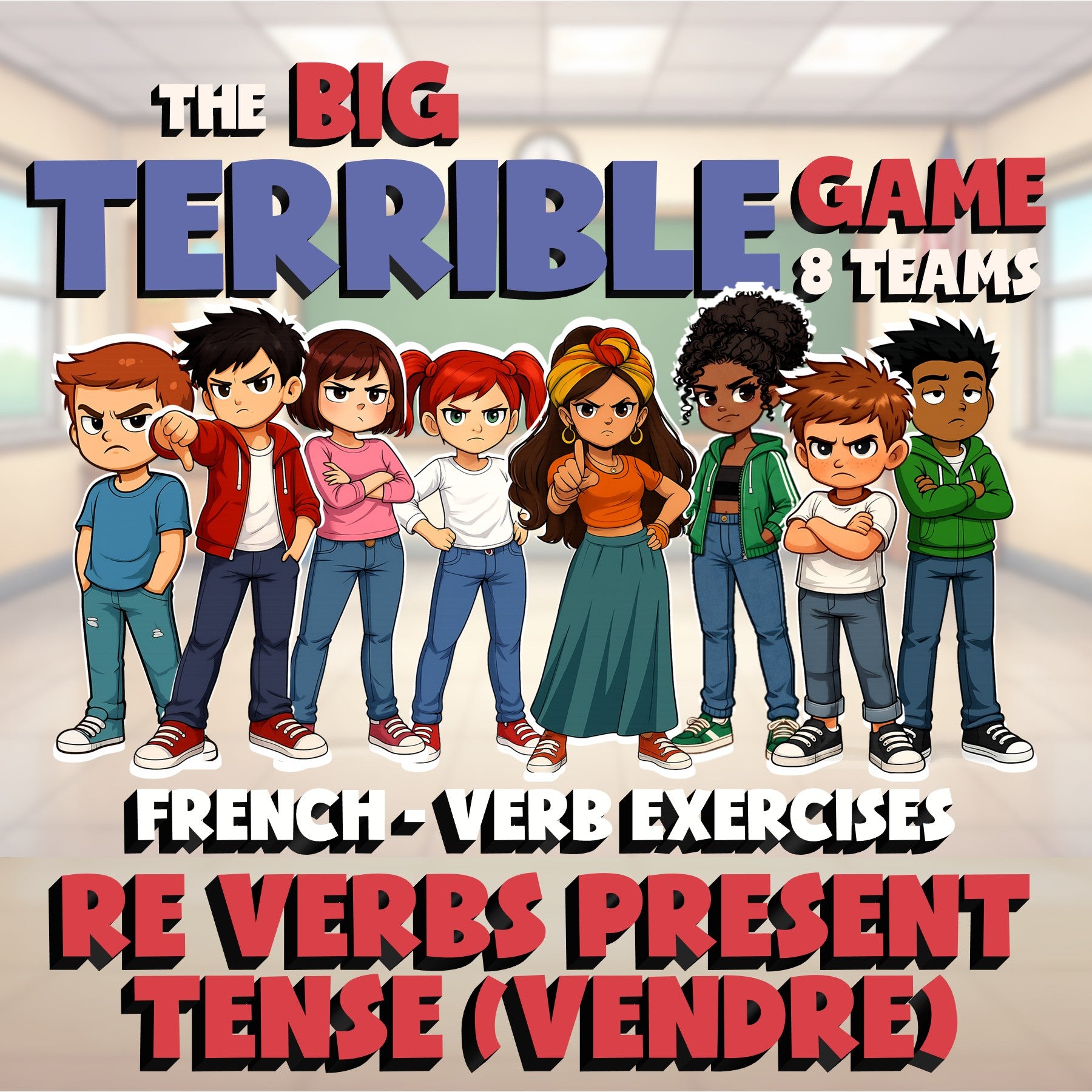 RE Verbs Present Tense (Vendre) BIG TERRIBLE GAME - No Prep French Exercise