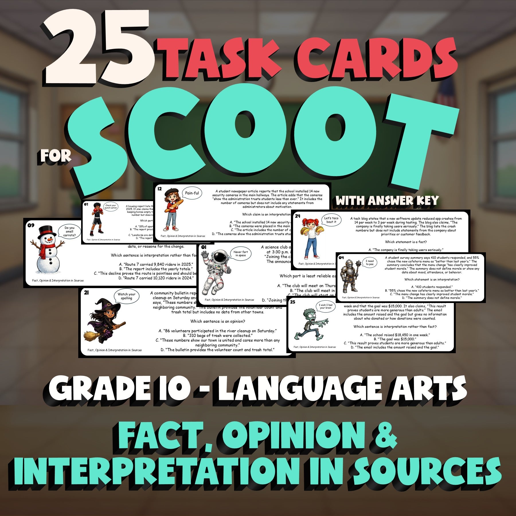 Fact, Opinion & Interpretation in Sources SCOOT TASK CARDS ELA Game - Grade 10