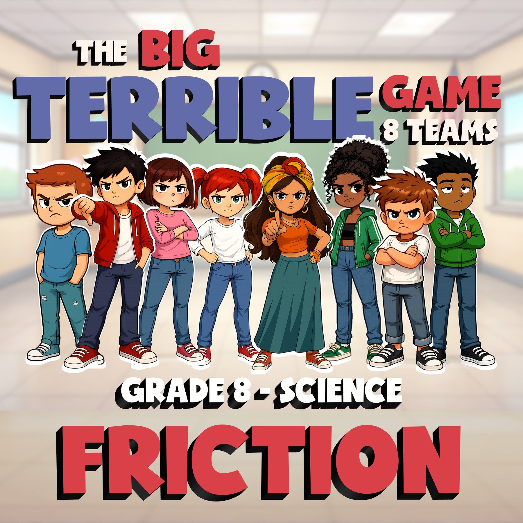 Friction BIG TERRIBLE GAME - No Prep Grade 8 Science Review Activity