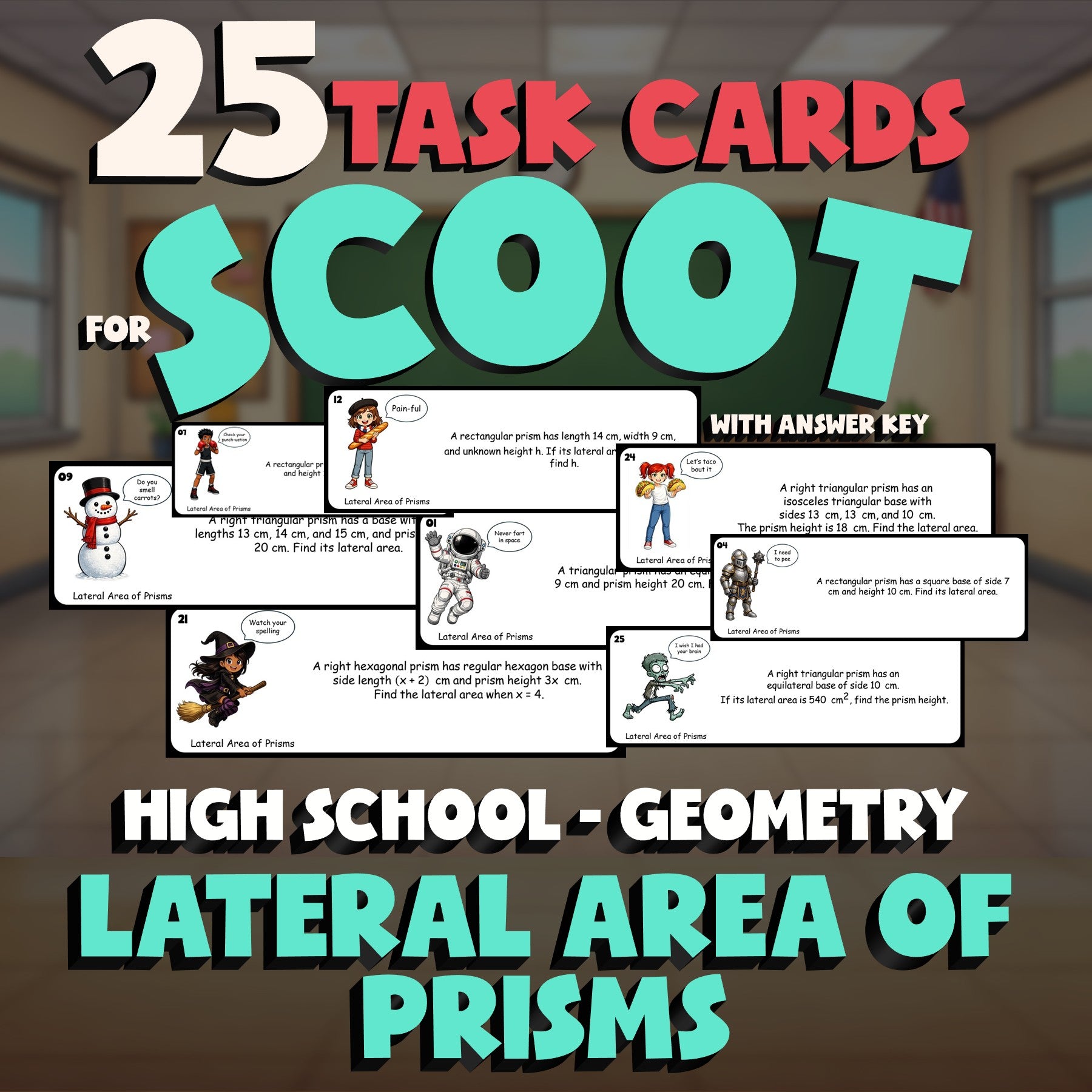 Lateral Area of Prisms SCOOT TASK CARDS Math Game - No Prep Geometry Review