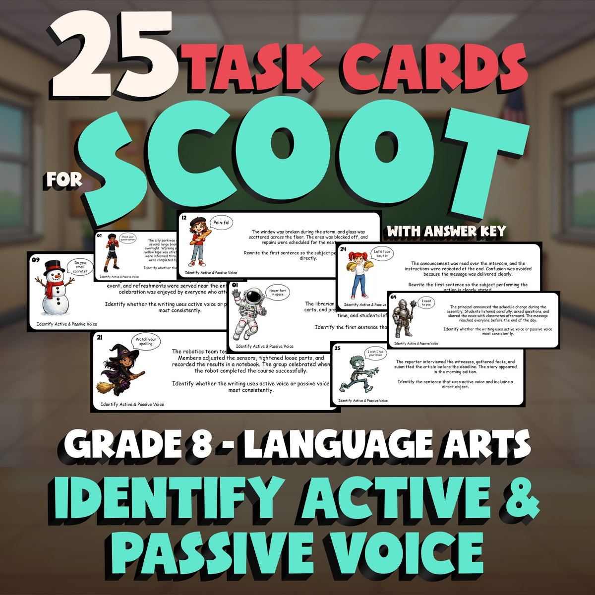 Identify Active & Passive Voice SCOOT TASK CARDS ELA Game - No Prep Grade 8
