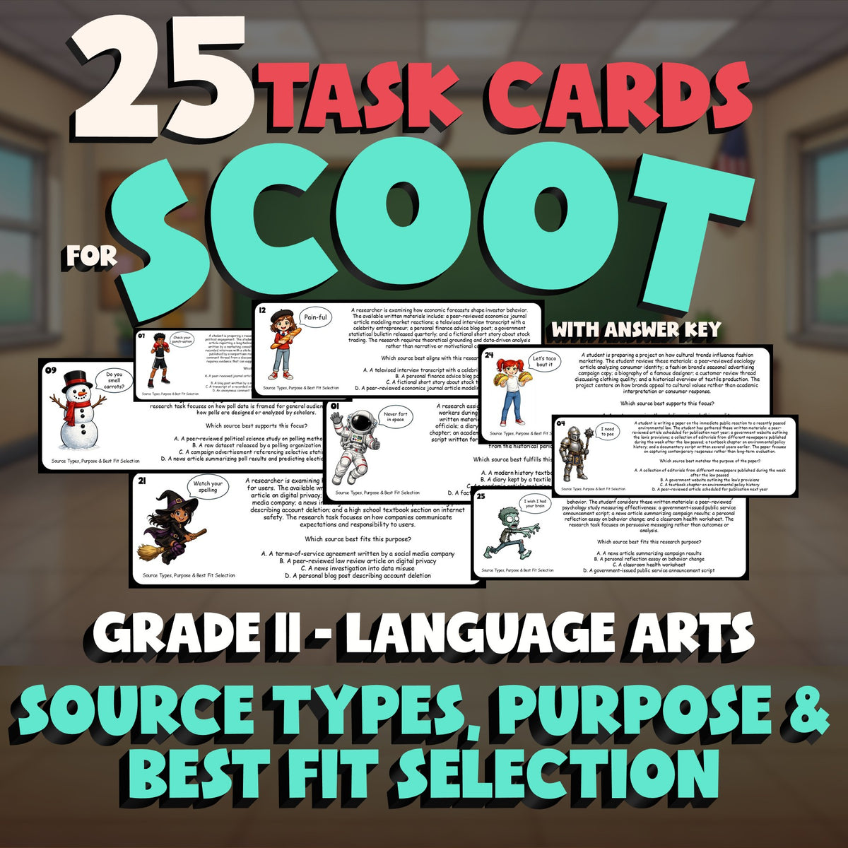 Source Types, Purpose & Best Fit Selection SCOOT TASK CARDS ELA Game - Grade 11