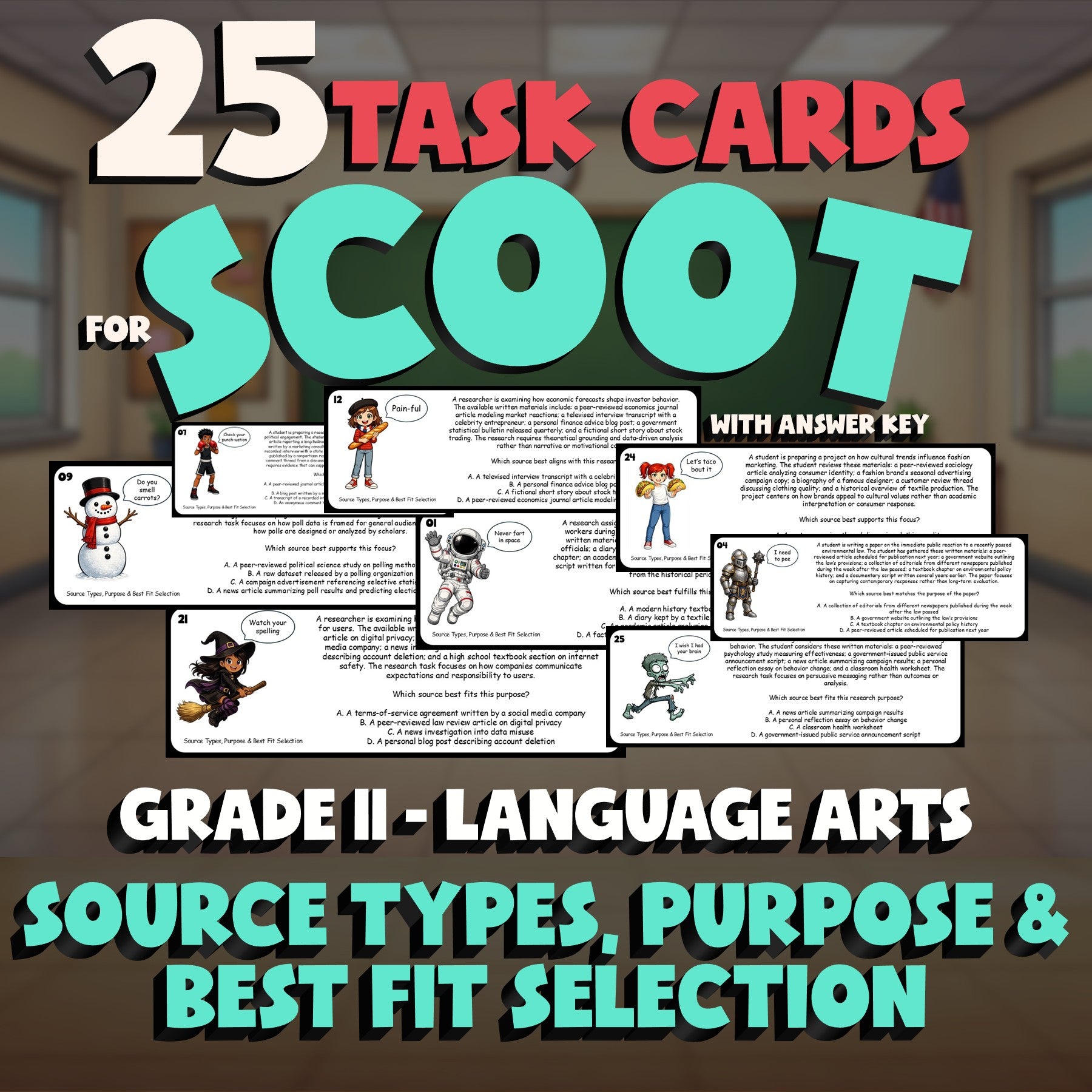 Source Types, Purpose & Best Fit Selection SCOOT TASK CARDS ELA Game - Grade 11