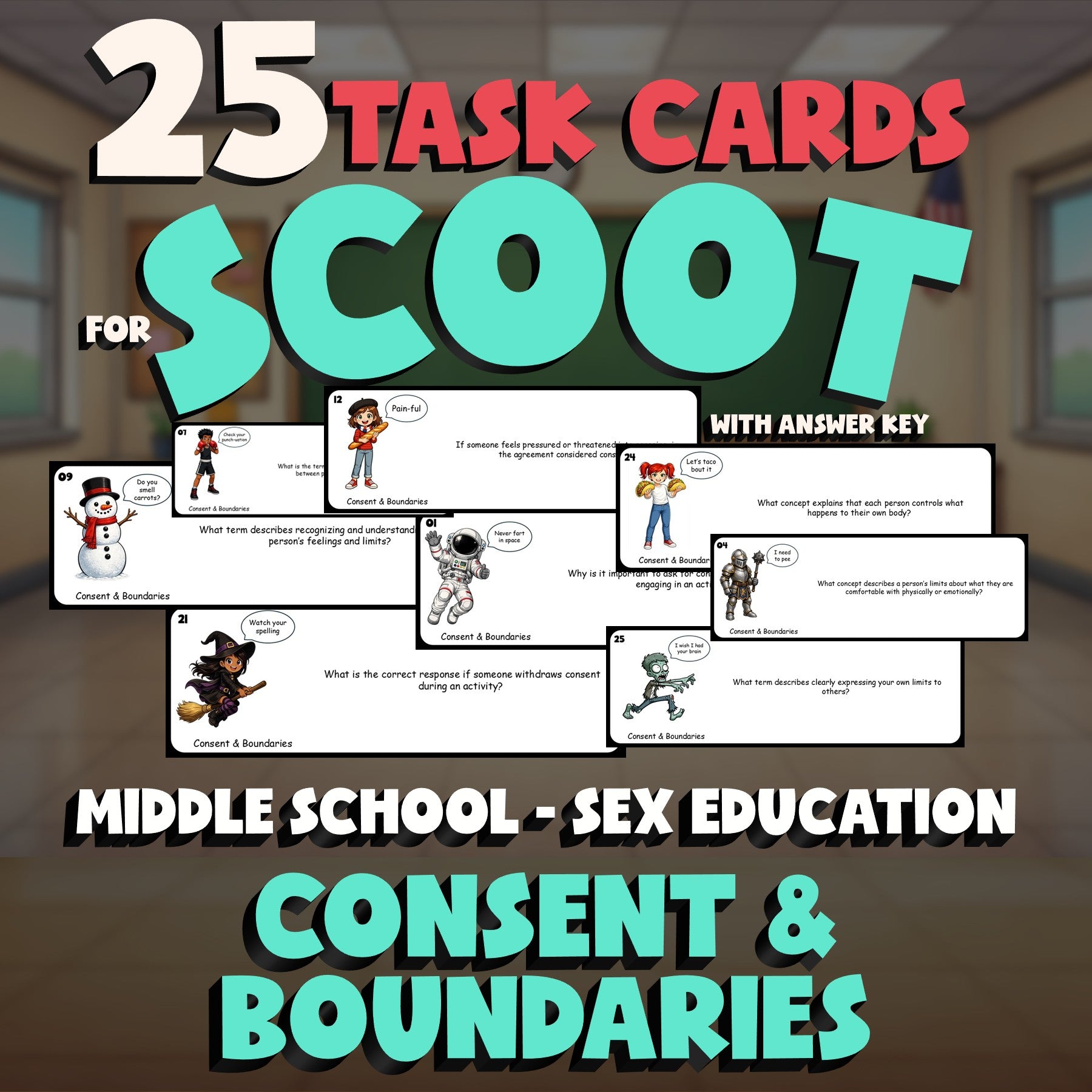 Consent & Boundaries SCOOT TASK CARDS Game - No Prep Middle School Sex Education