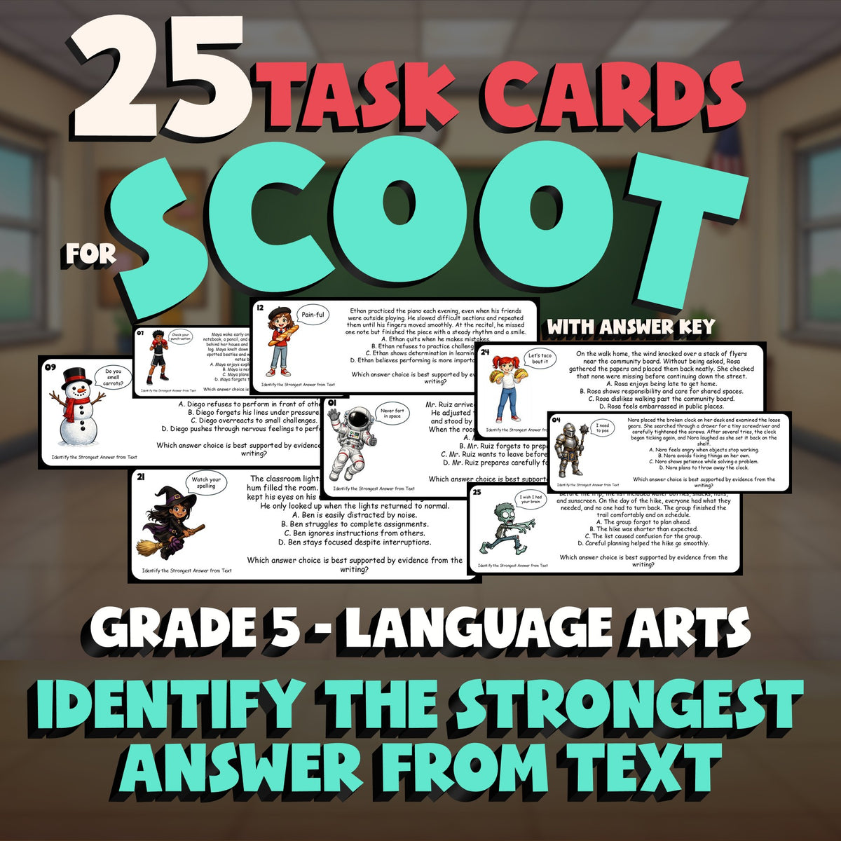 Identify the Strongest Answer from Text SCOOT TASK CARDS ELA Game - Grade 5