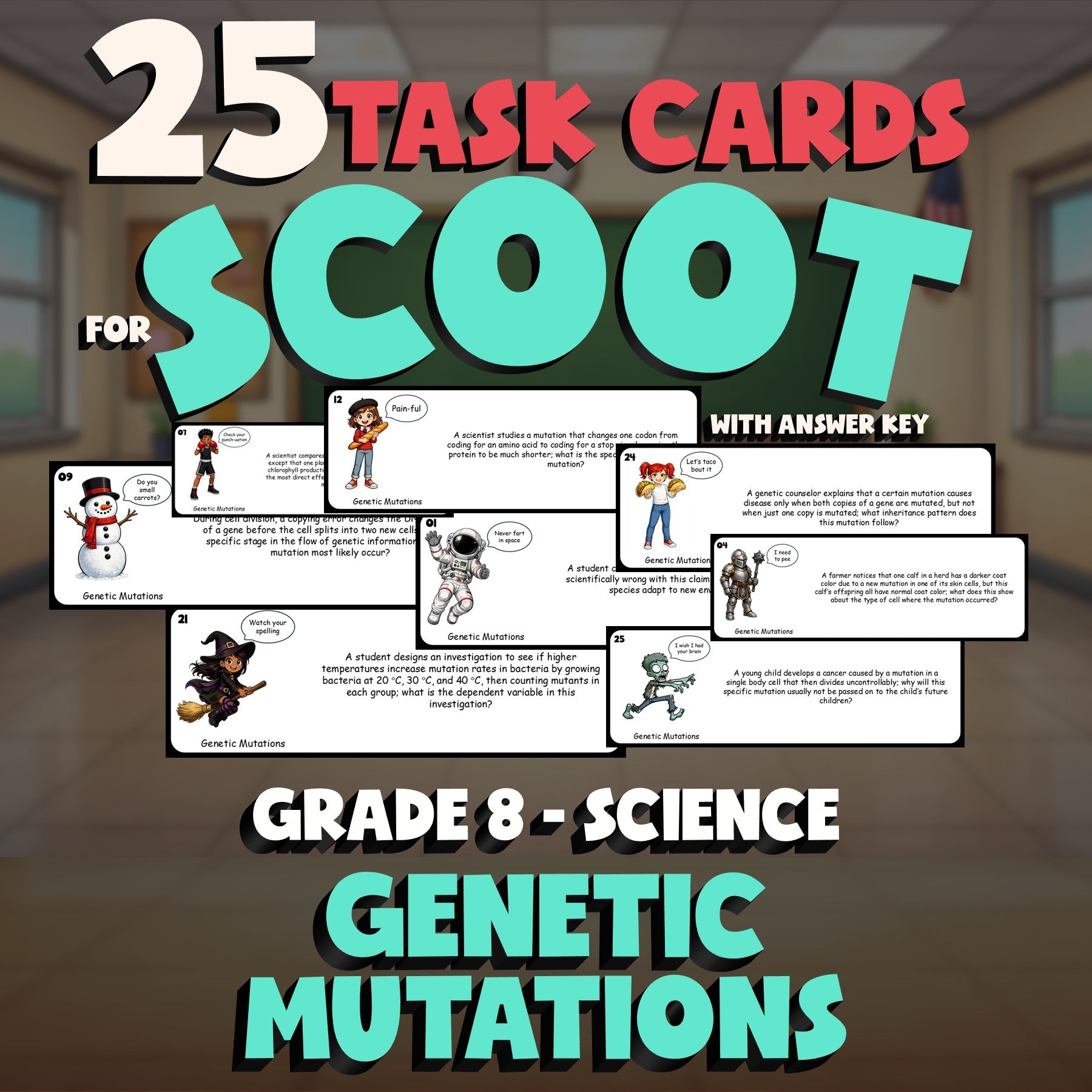 Genetic Mutations SCOOT TASK CARDS Science Game - No Prep Grade 8 Review
