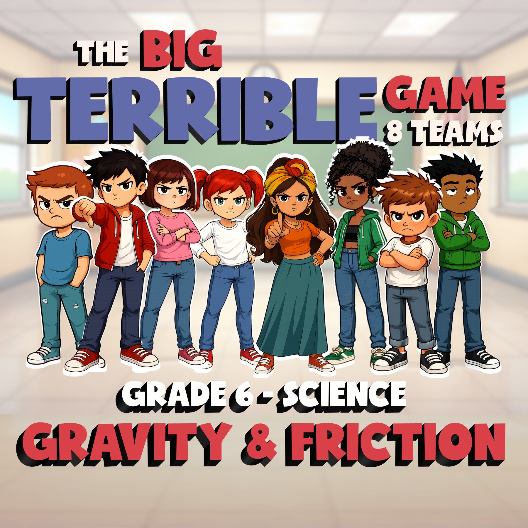 Gravity & Friction BIG TERRIBLE GAME - No Prep Grade 6 Science Review Activity