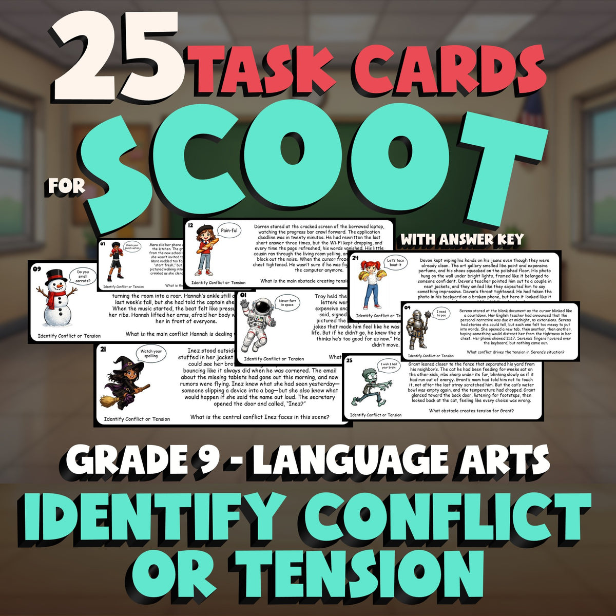 Identify Conflict or Tension SCOOT TASK CARDS ELA Game - No Prep Grade 9 Review