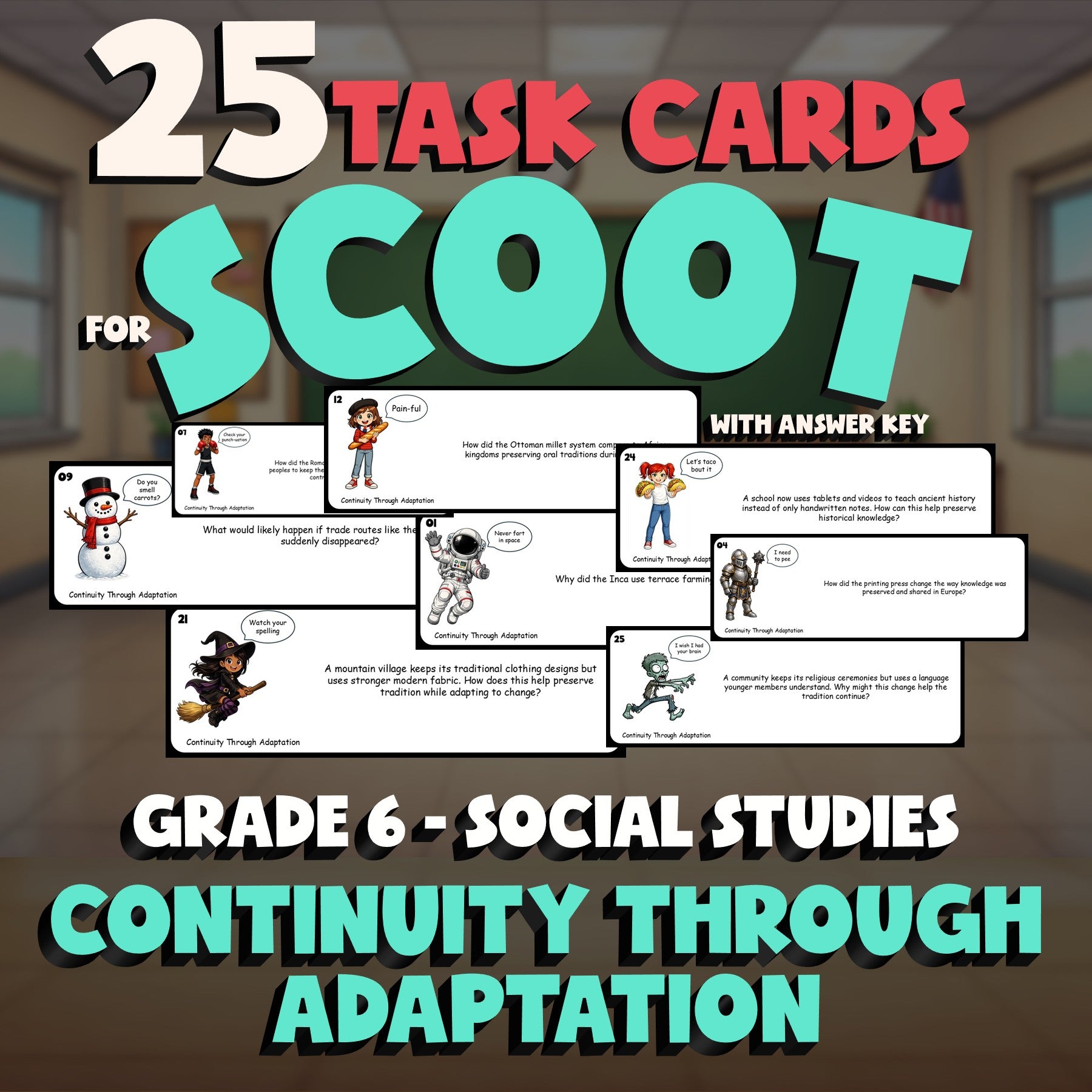 Continuity Through Adaptation SCOOT TASK CARDS Socials Game - No Prep Grade 6