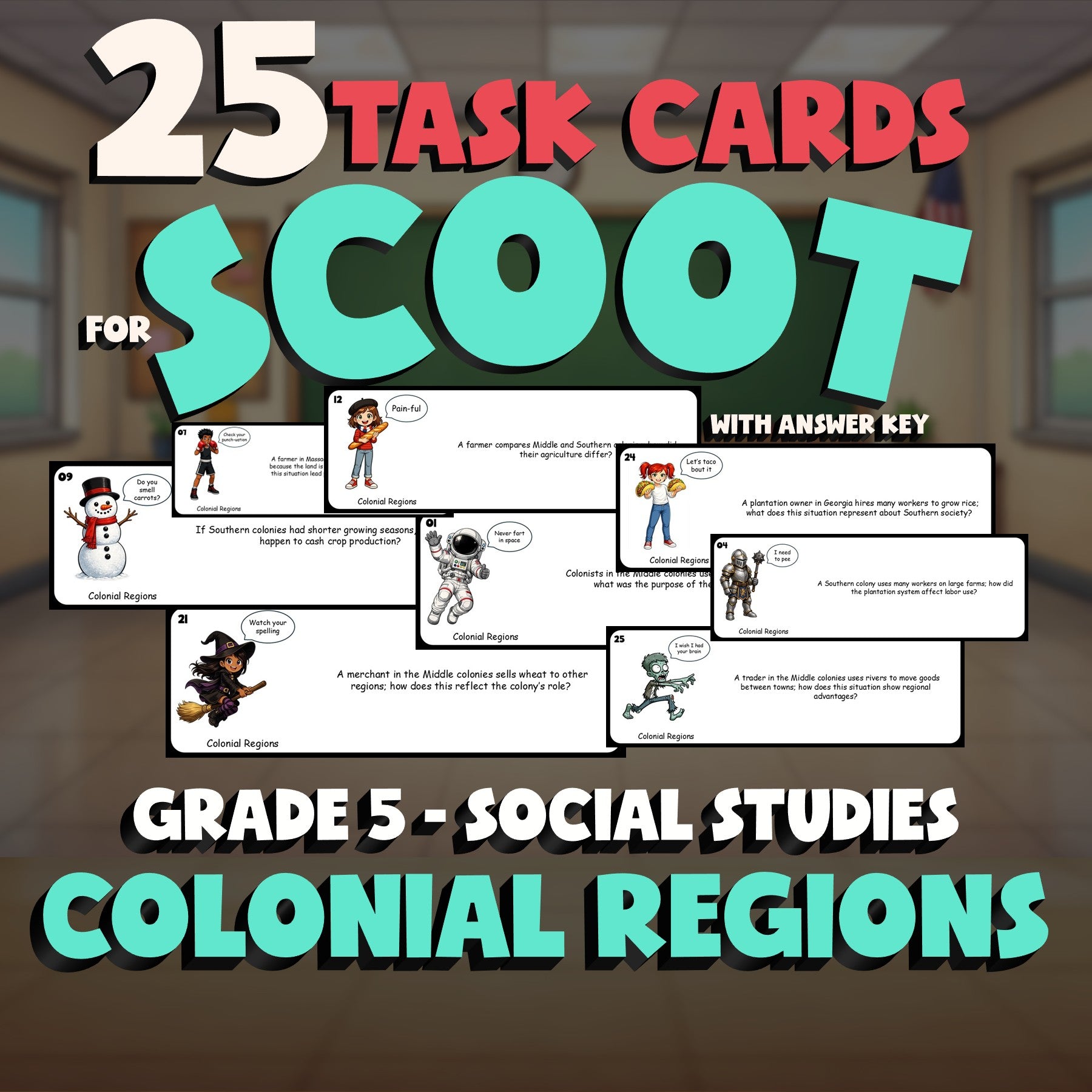 Colonial Regions SCOOT TASK CARDS Socials Game - No Prep Grade 5 Review Activity