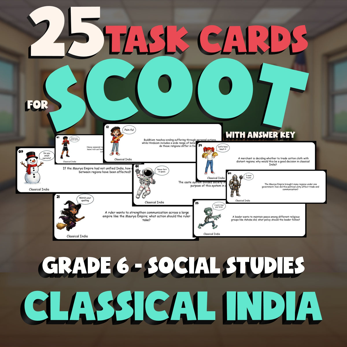 Classical India SCOOT TASK CARDS Socials Game - No Prep Grade 6 Review Activity