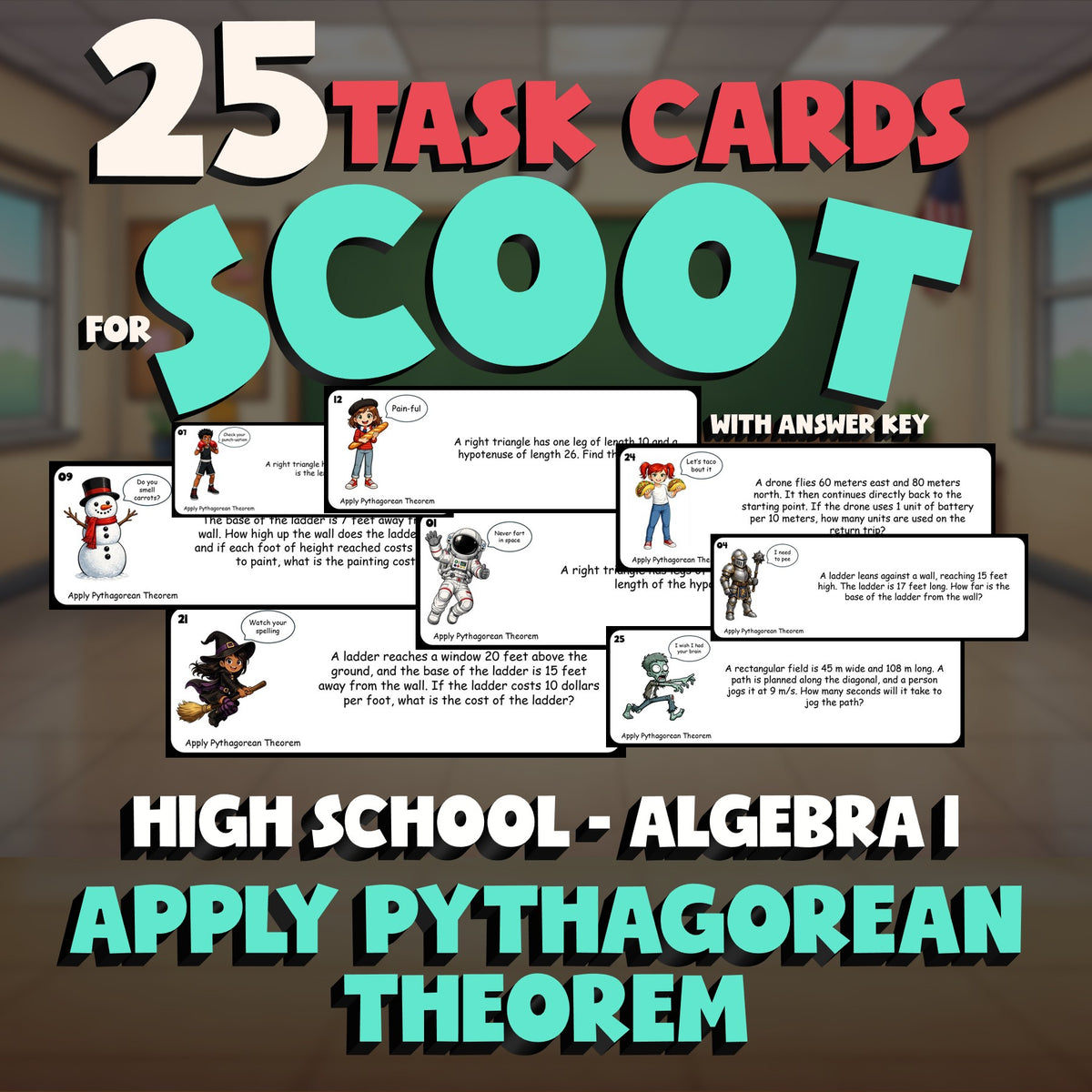 Apply Pythagorean Theorem SCOOT TASK CARDS Math Game - No Prep Algebra 1 Review