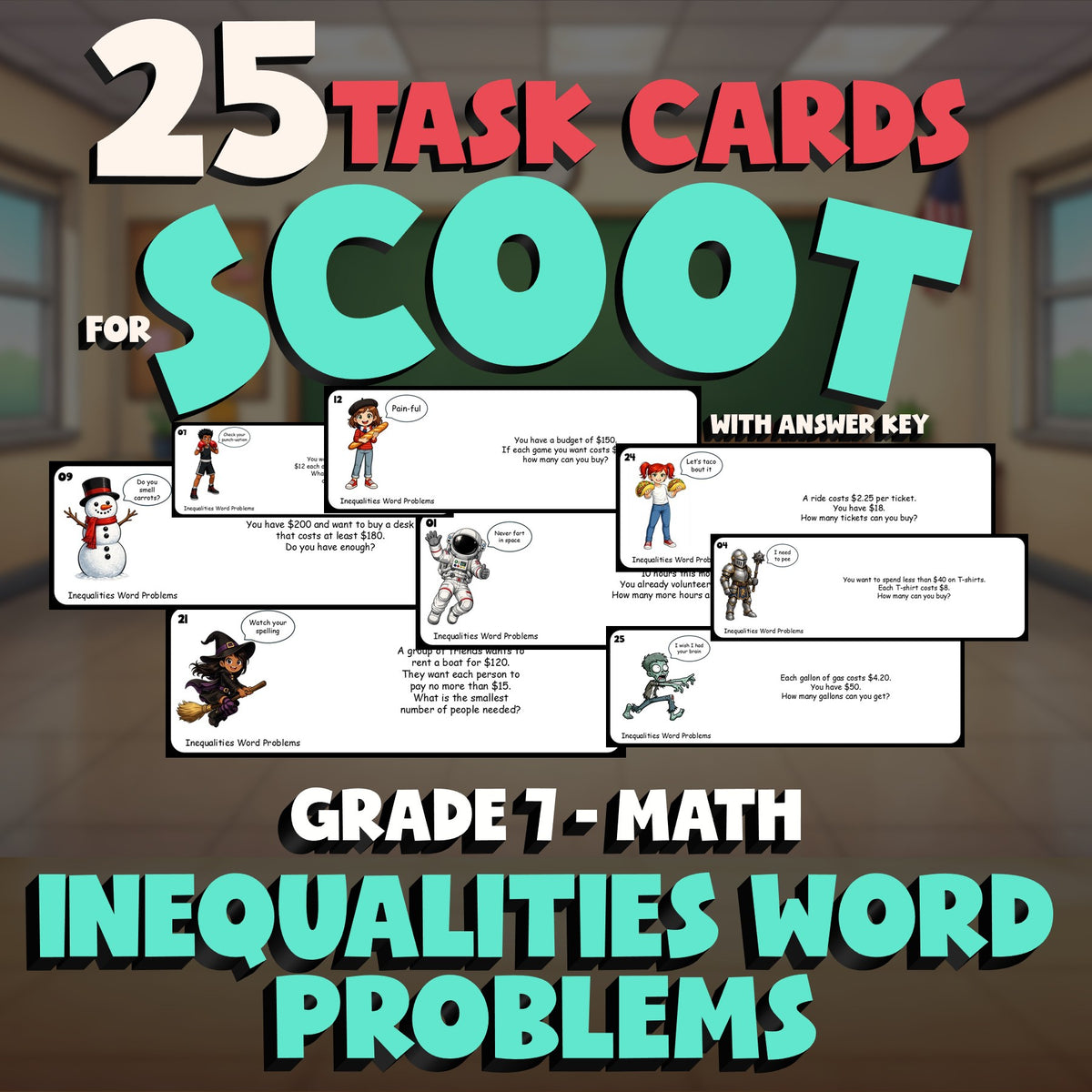 Inequalities Word Problems SCOOT TASK CARDS Math Game - No Prep Grade 7 Review