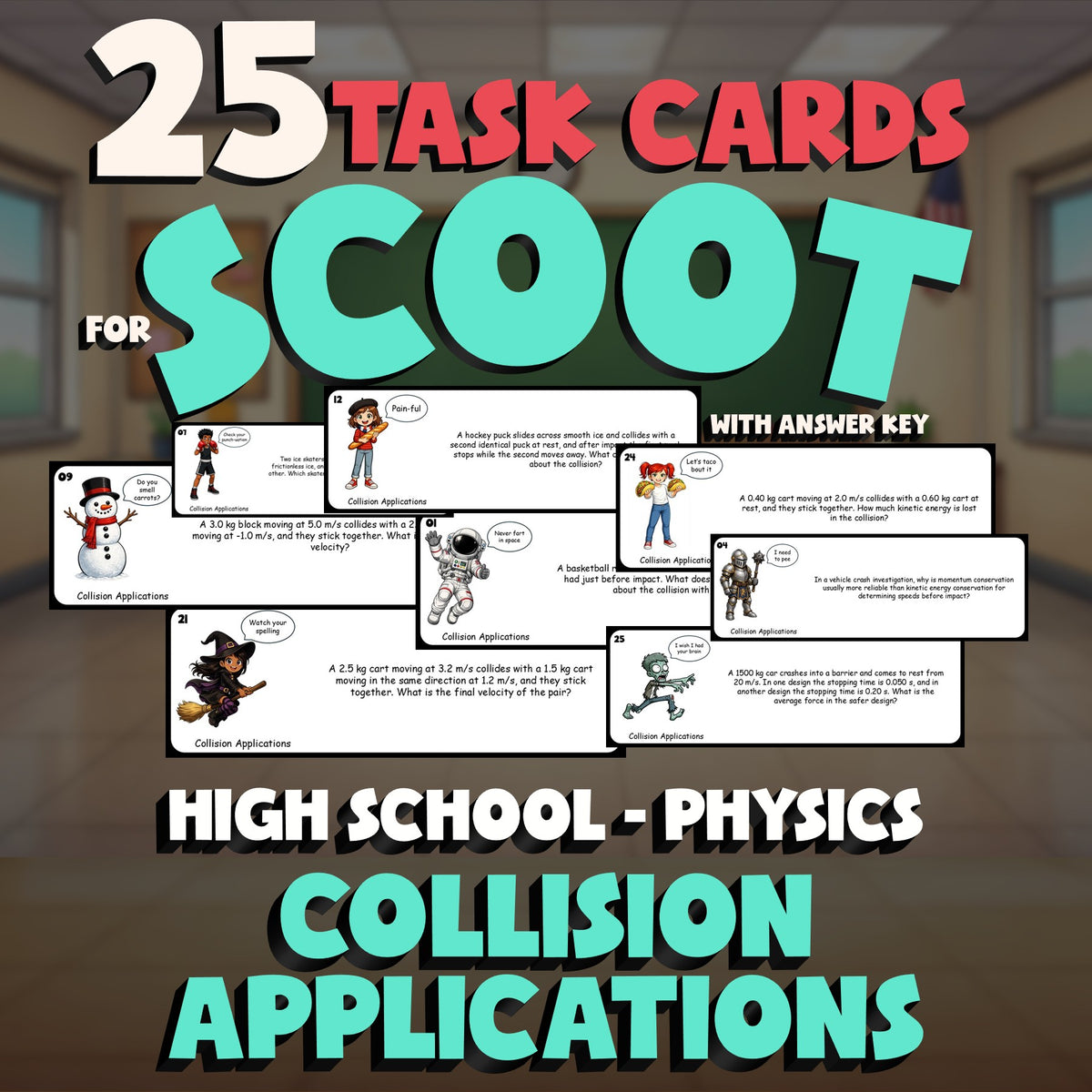 Collision Applications SCOOT TASK CARDS Science Game - No Prep Physics Review