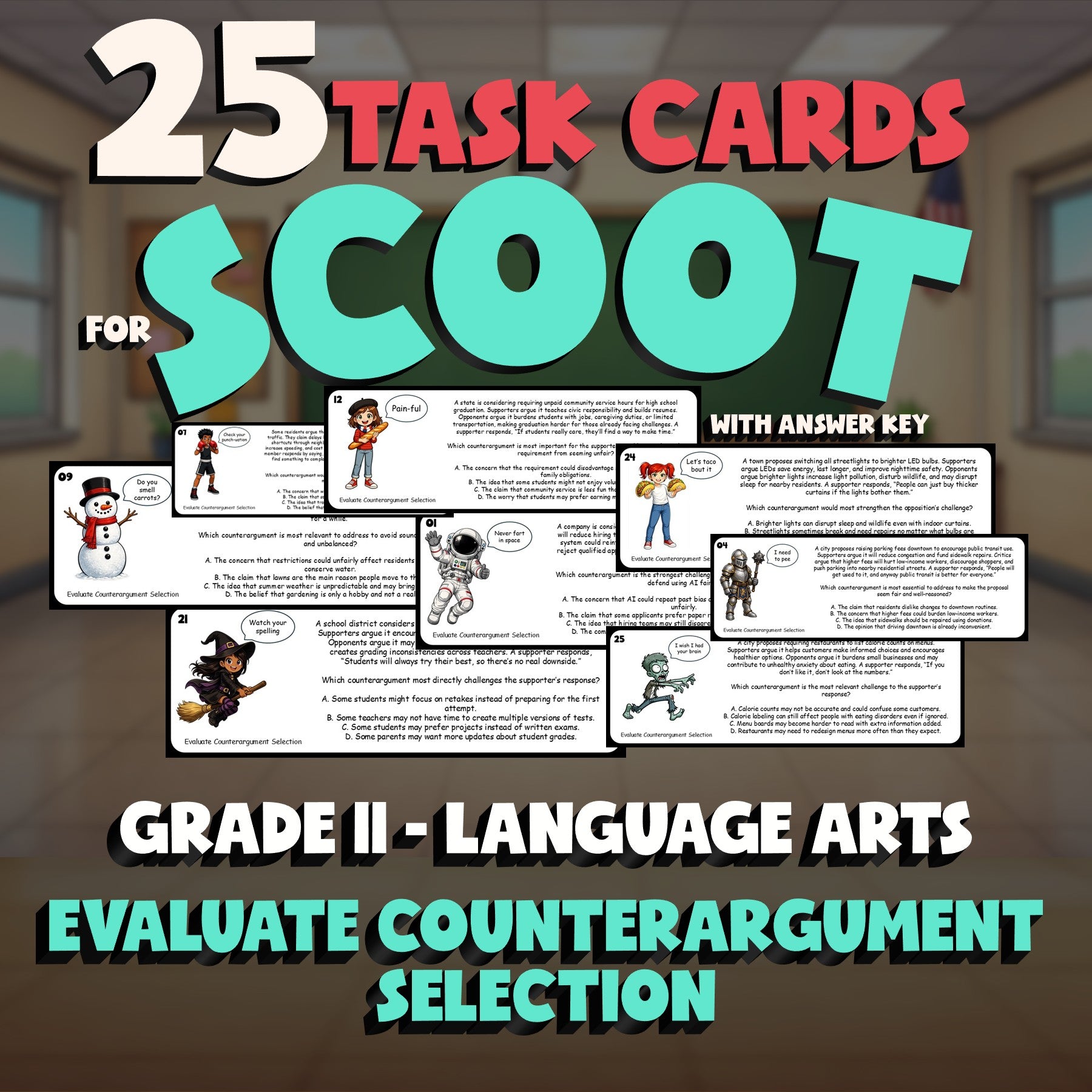 Evaluate Counterargument Selection SCOOT TASK CARDS ELA Game - No Prep Grade 11