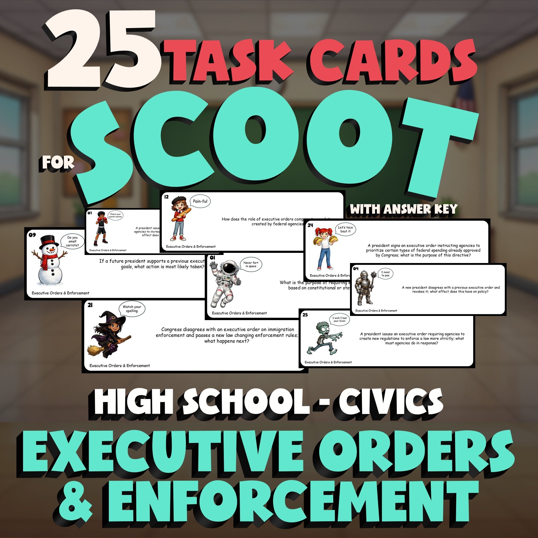 Executive Orders & Enforcement SCOOT TASK CARDS Civics Game - No Prep Review