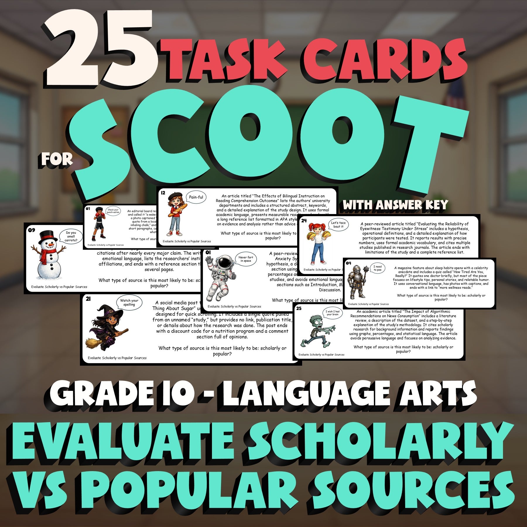 Evaluate Scholarly vs Popular Sources SCOOT TASK CARDS ELA Game - Grade 10