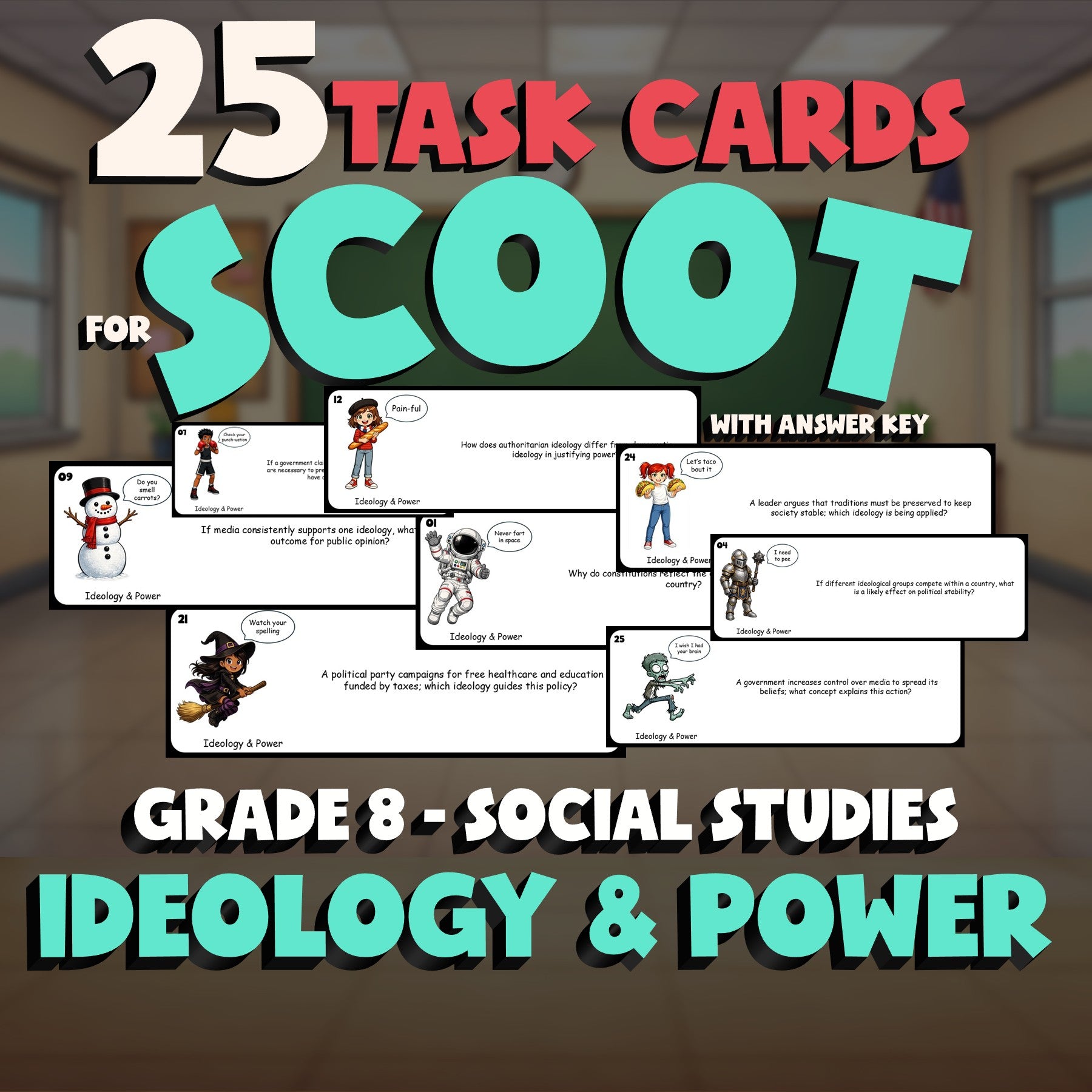 Ideology & Power SCOOT TASK CARDS Socials Game - No Prep Grade 8 Review Activity