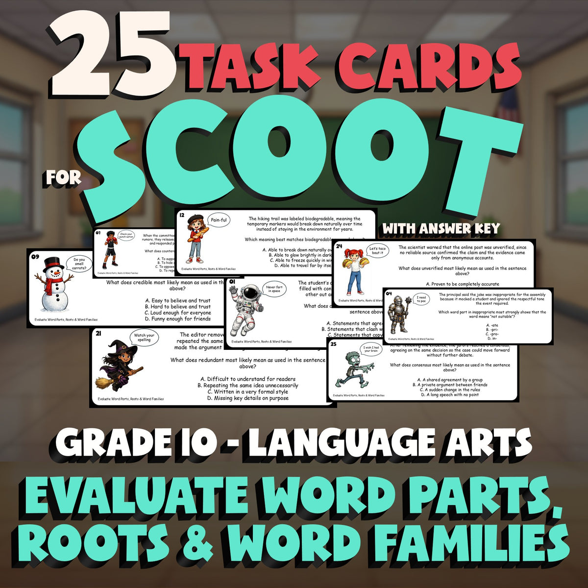Evaluate Word Parts, Roots & Word Families SCOOT TASK CARDS ELA Game - Grade 10