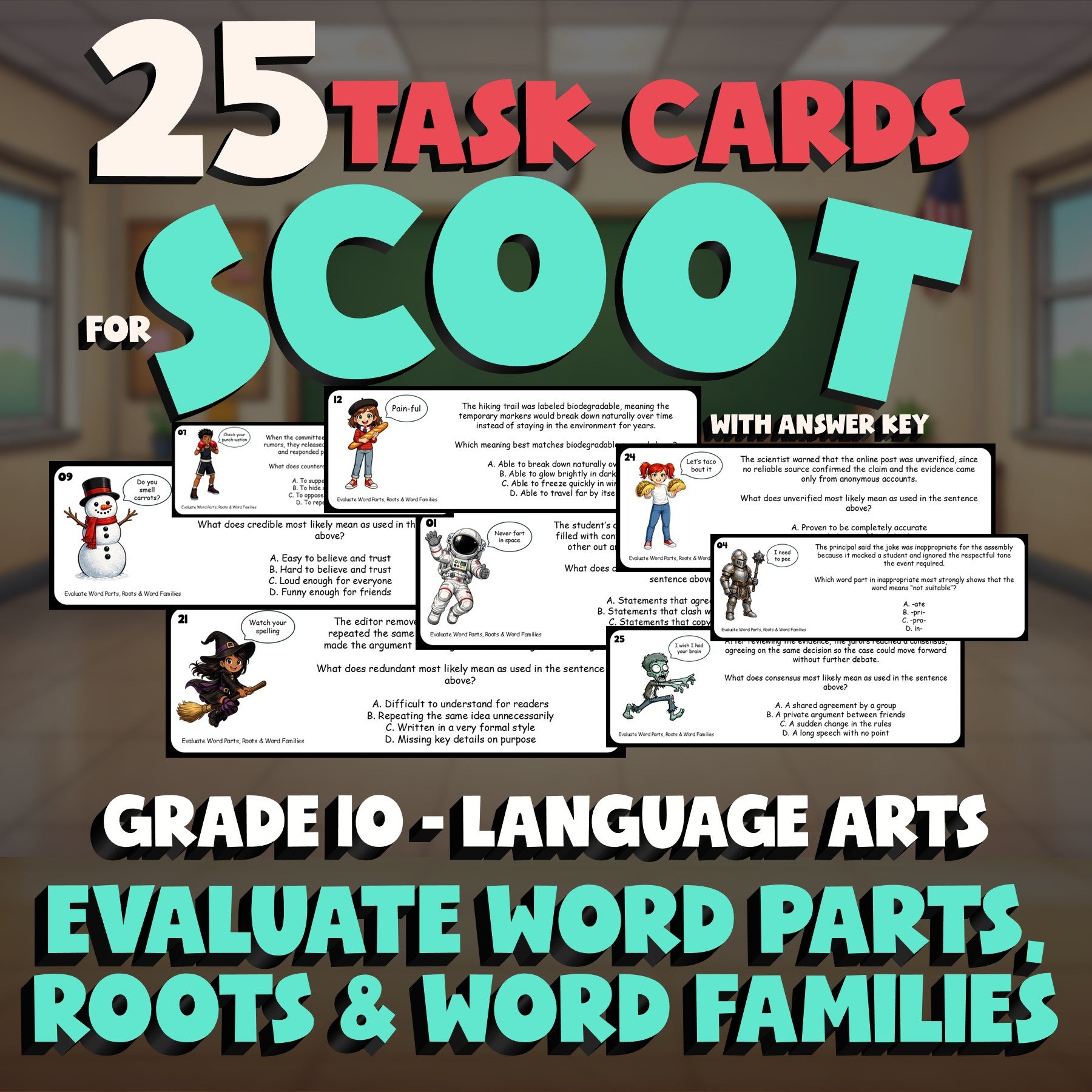 Evaluate Word Parts, Roots & Word Families SCOOT TASK CARDS ELA Game - Grade 10