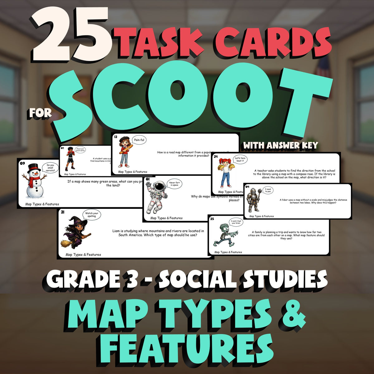 Map Types & Features SCOOT TASK CARDS Socials Game - No Prep Grade 3 Review