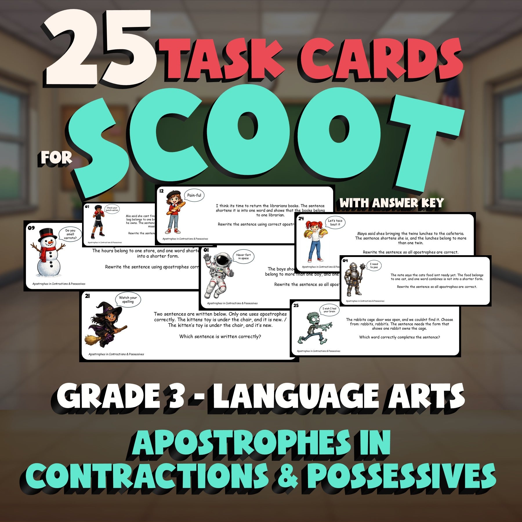 Apostrophes in Contractions & Possessives SCOOT TASK CARDS ELA Game - Grade 3