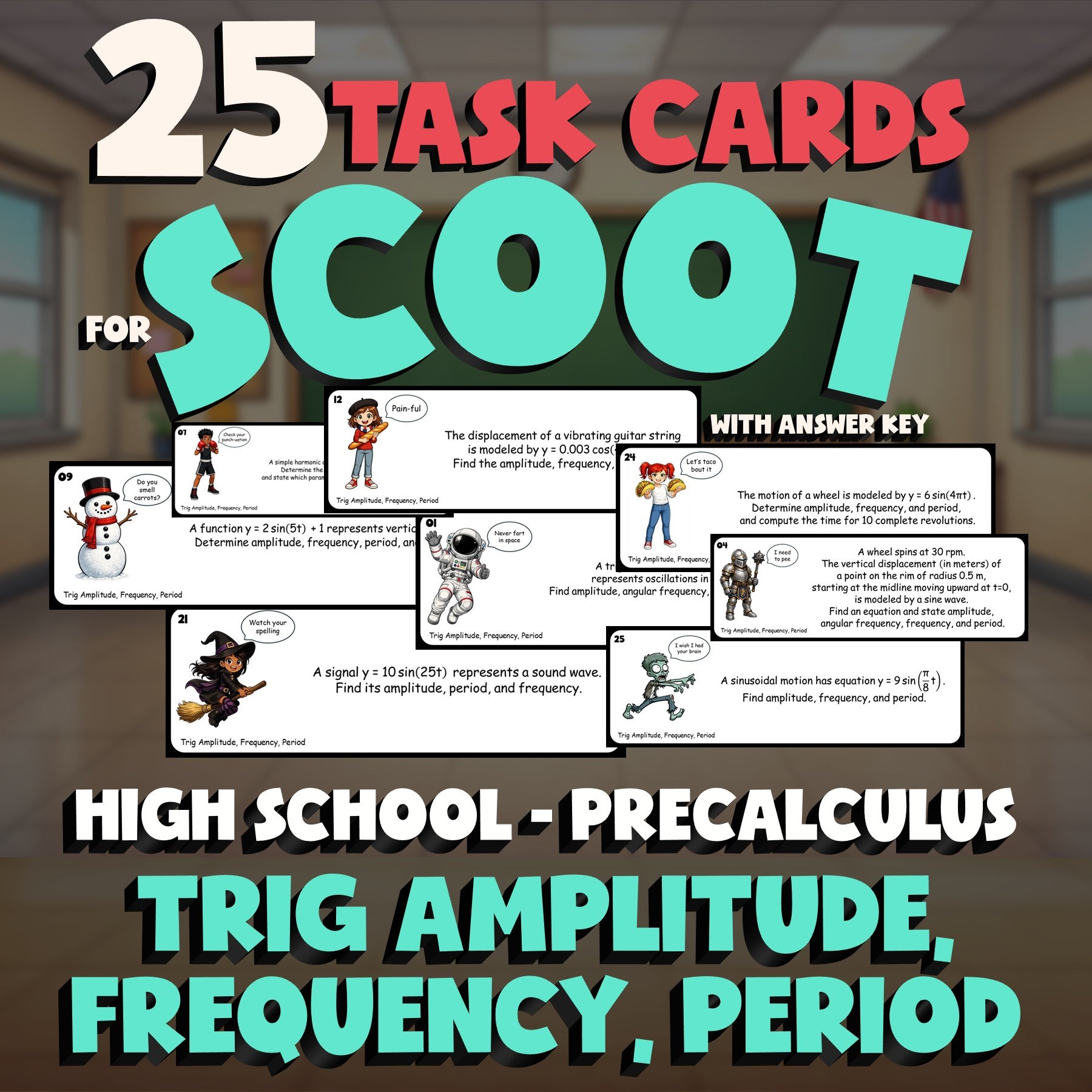 Trig Amplitude, Frequency, Period SCOOT TASK CARDS Math Game - PreCalculus