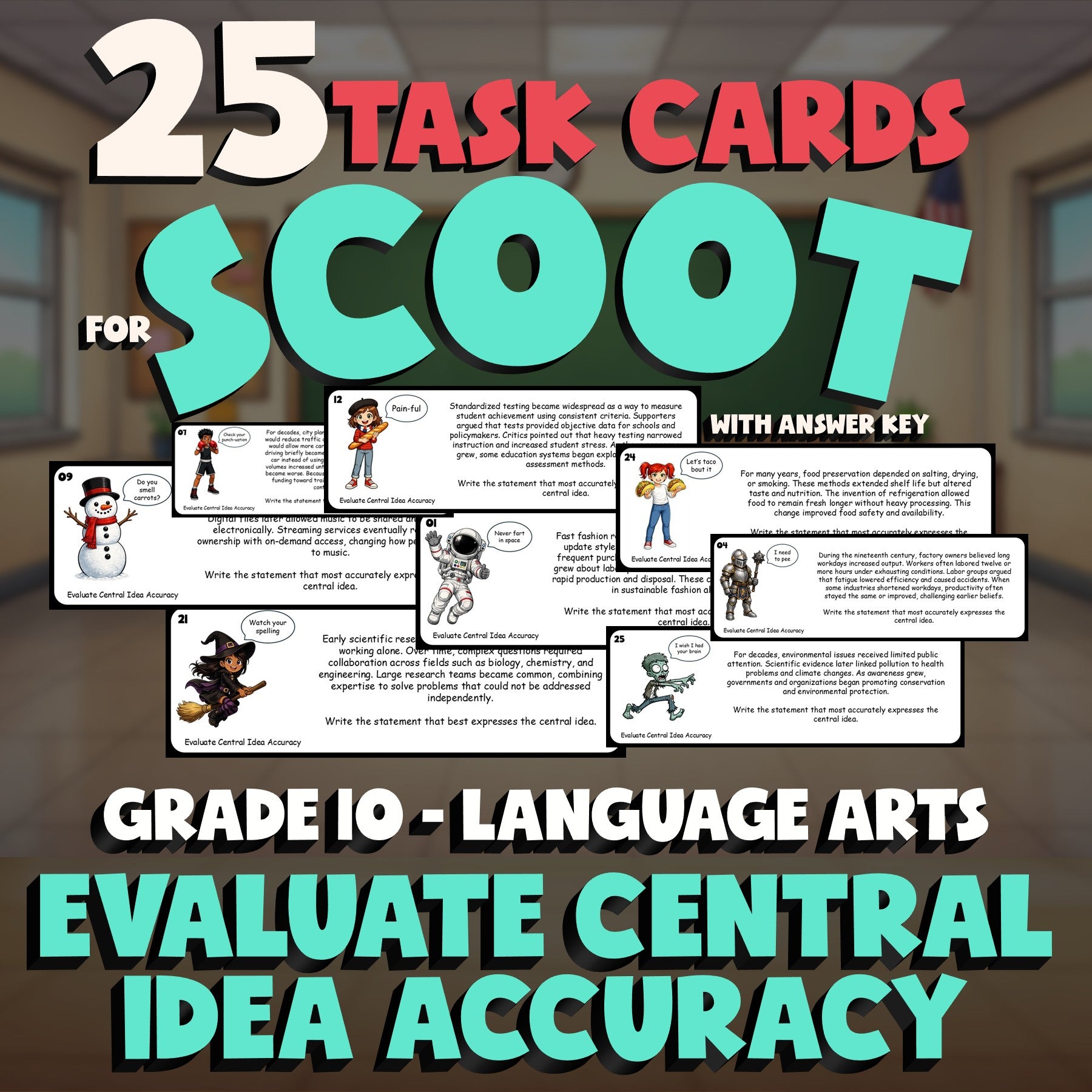 Evaluate Central Idea Accuracy SCOOT TASK CARDS ELA Game - No Prep Grade 10