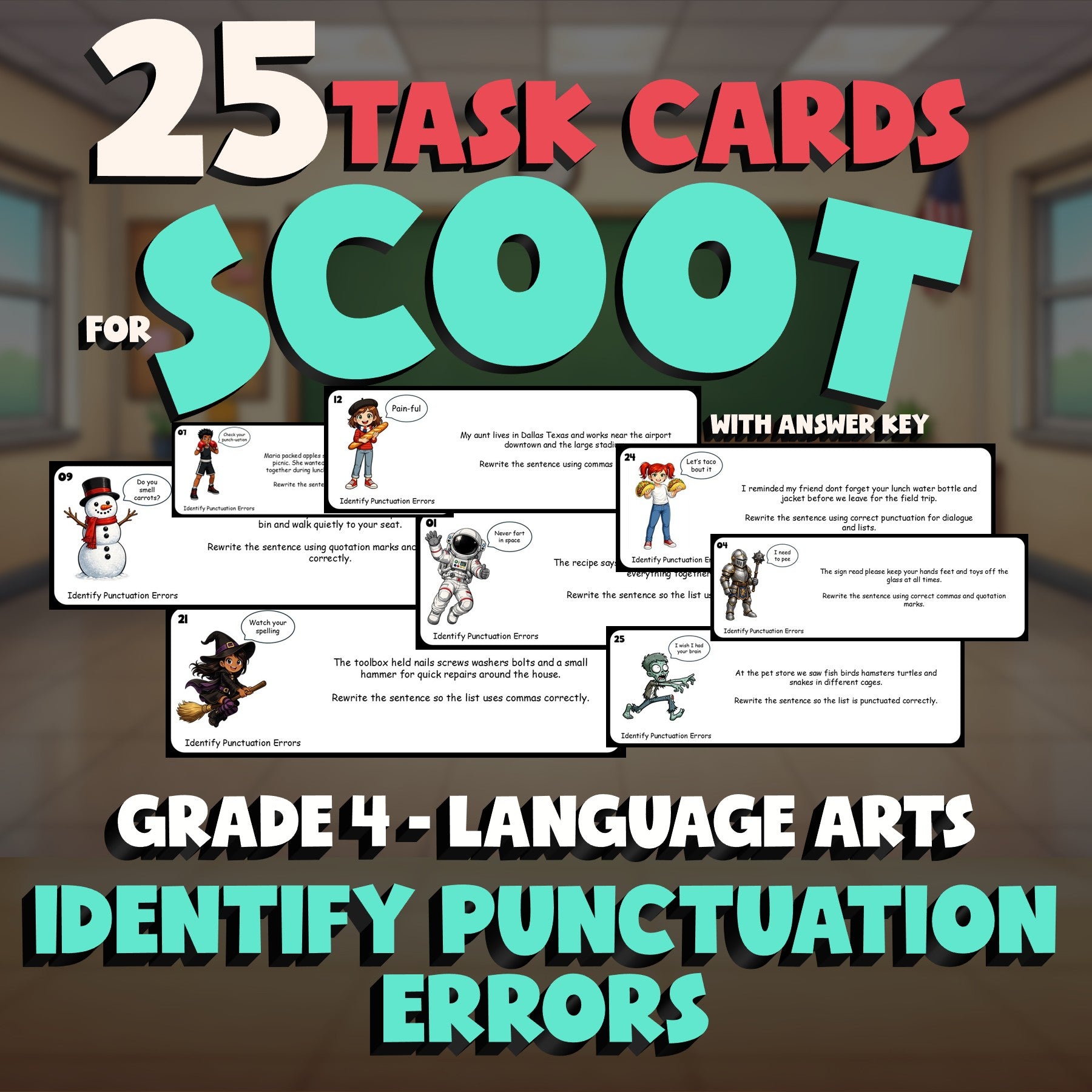 Identify Punctuation Errors SCOOT TASK CARDS ELA Game - No Prep Grade 4 Review