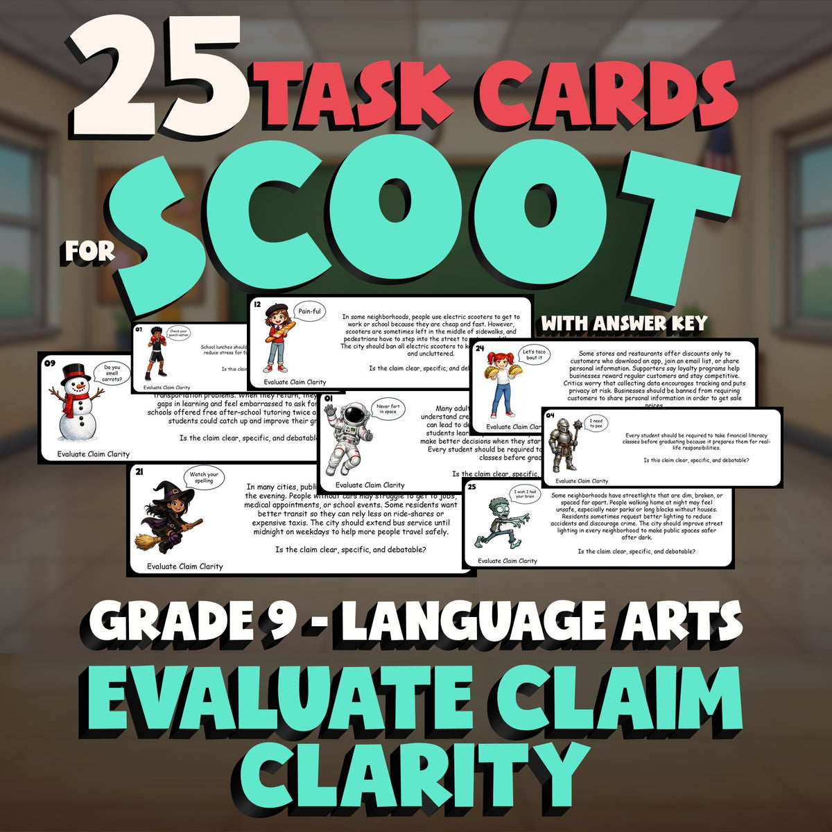 Evaluate Claim Clarity SCOOT TASK CARDS ELA Game - No Prep Grade 9 Review