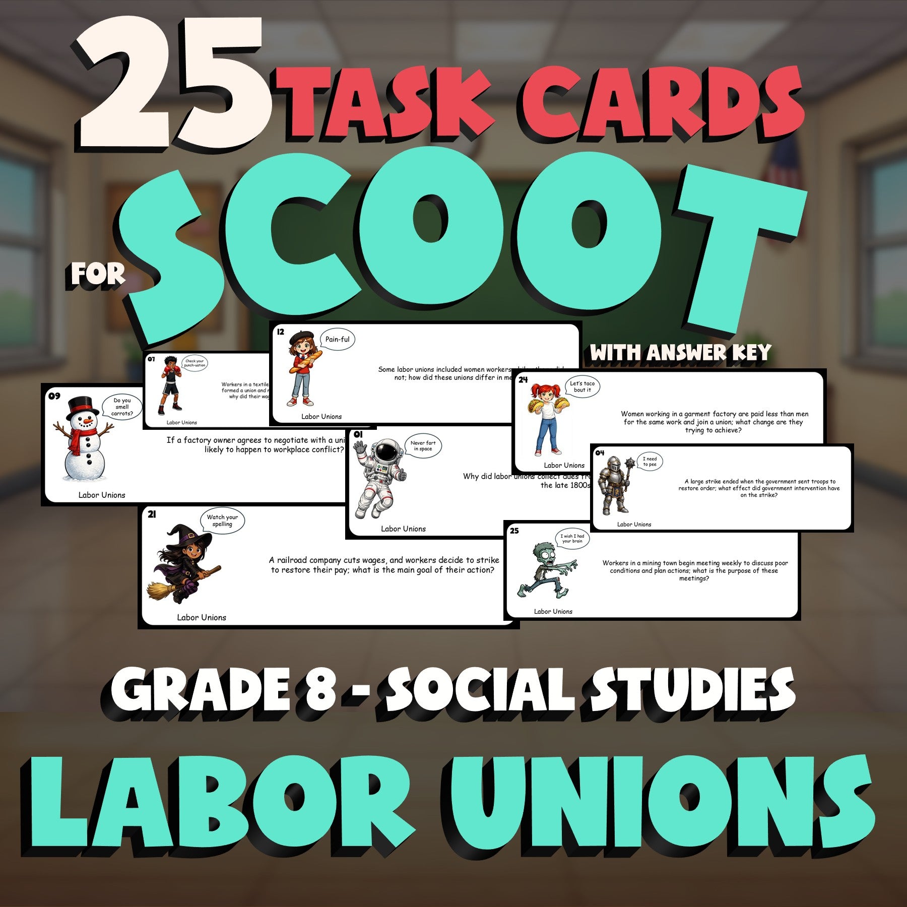 Labor Unions SCOOT TASK CARDS Socials Game - No Prep Grade 8 Review Activity
