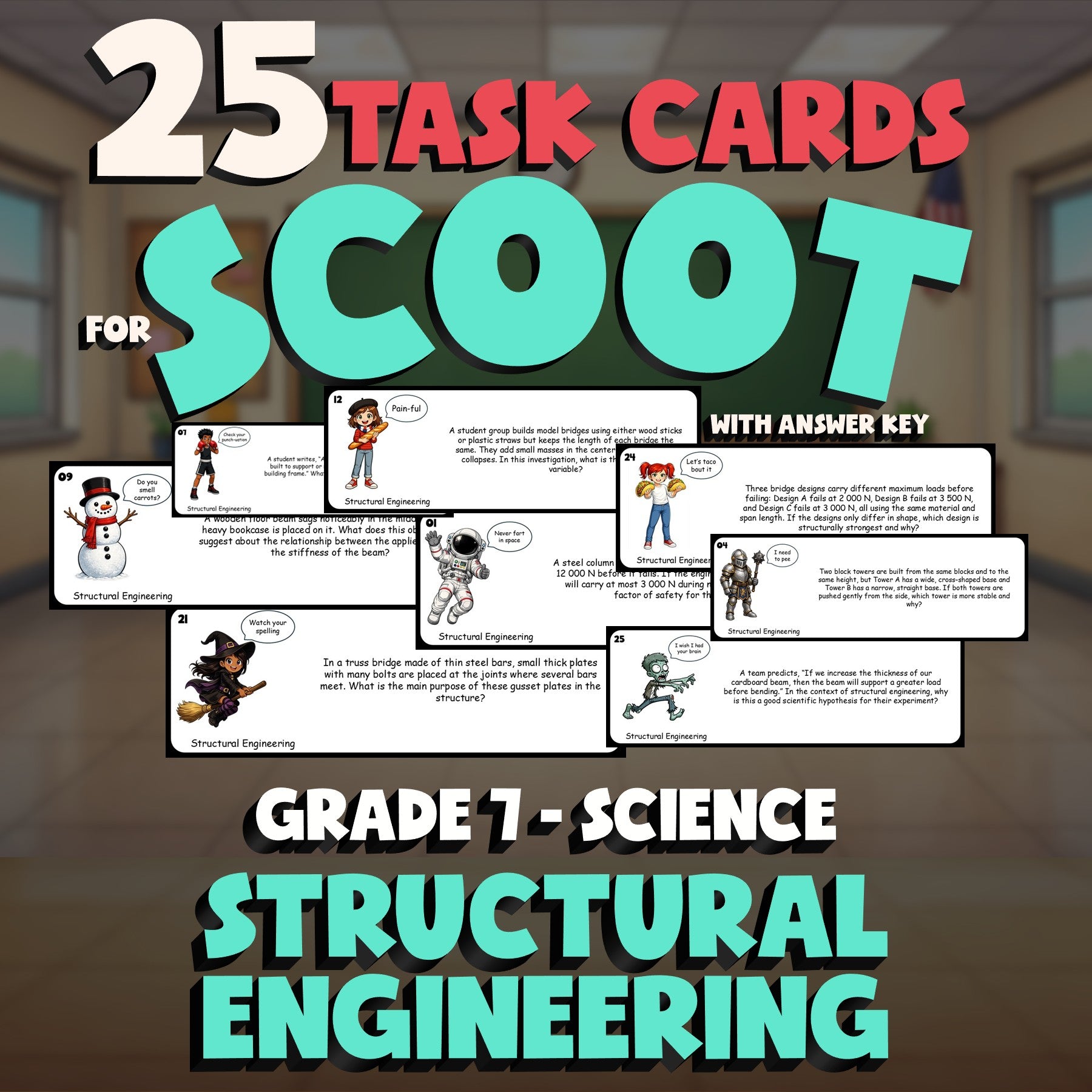Structural Engineering SCOOT TASK CARDS Science Game - No Prep Grade 7 Review