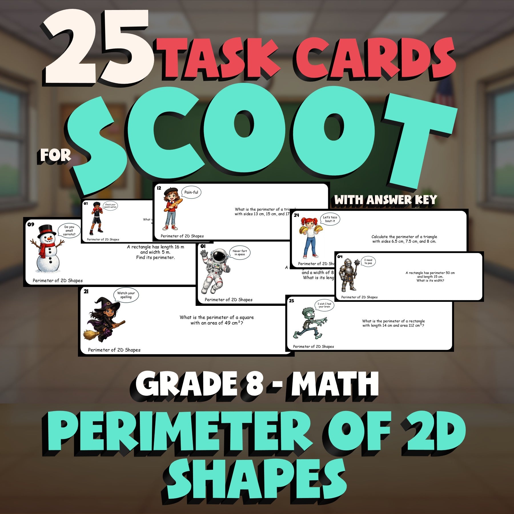Perimeter of 2D Shapes SCOOT TASK CARDS Math Game - No Prep Grade 8 Review