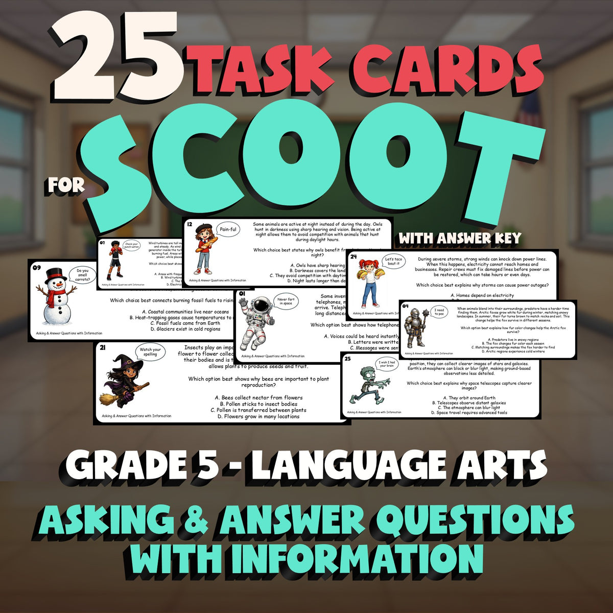 Asking & Answer Questions with Information SCOOT TASK CARDS ELA Game - Grade 5