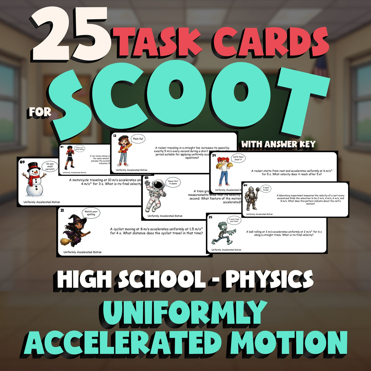 Uniformly Accelerated Motion SCOOT TASK CARDS Science Game - No Prep Physics