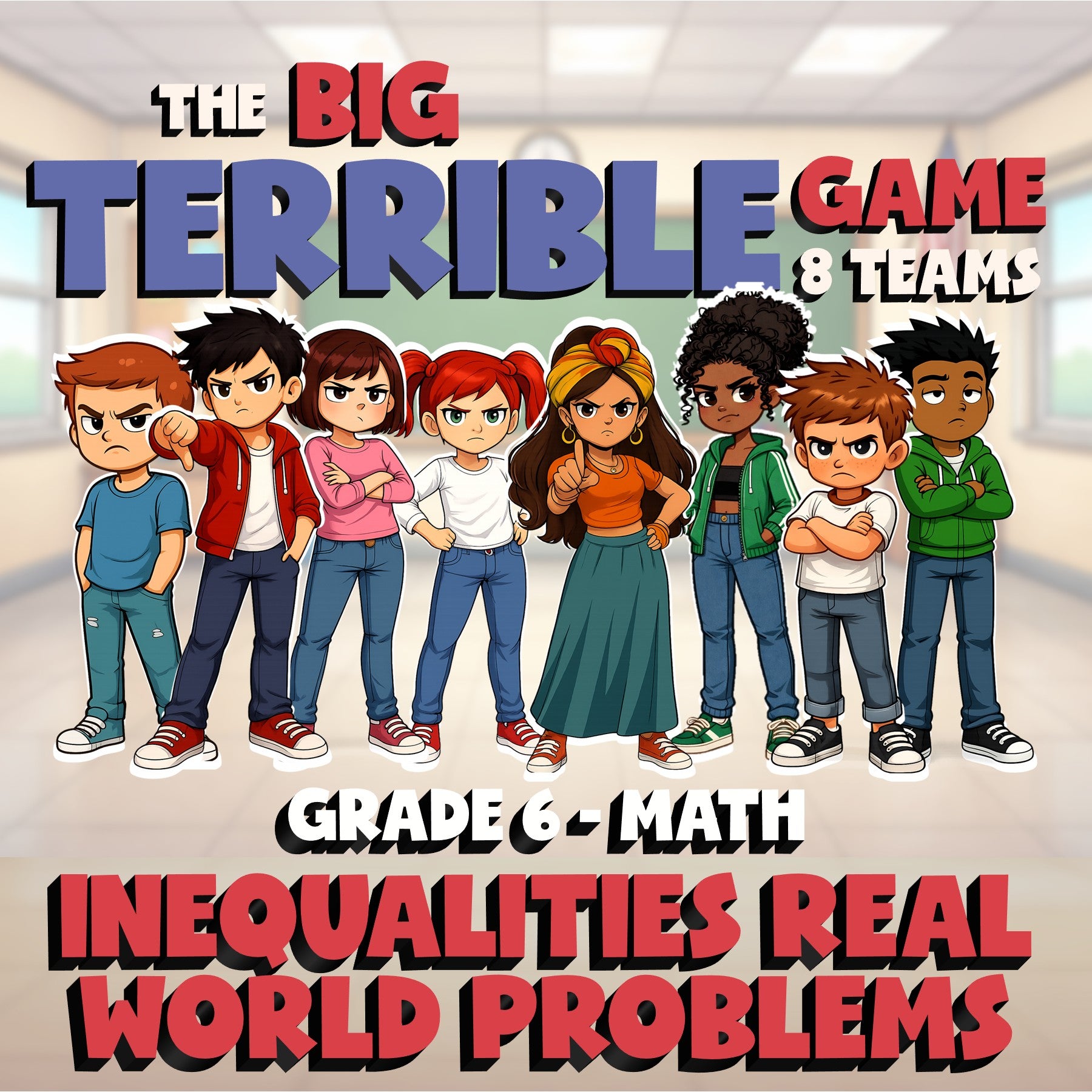 Inequalities Real World Problems BIG TERRIBLE GAME - No Prep Grade 6 Math Review