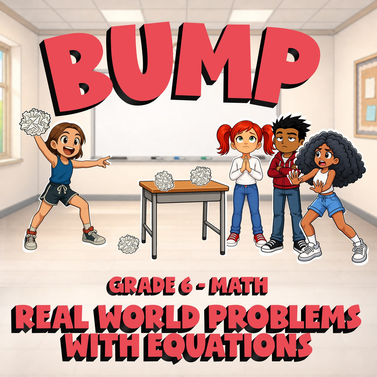 Real World Problems with Equations BUMP Math Game - No Prep Grade 6 Review