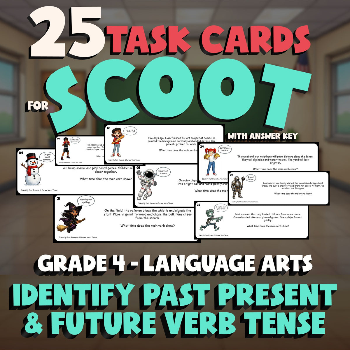 Identify Past Present & Future Verb Tense SCOOT TASK CARDS ELA Game - Grade 4