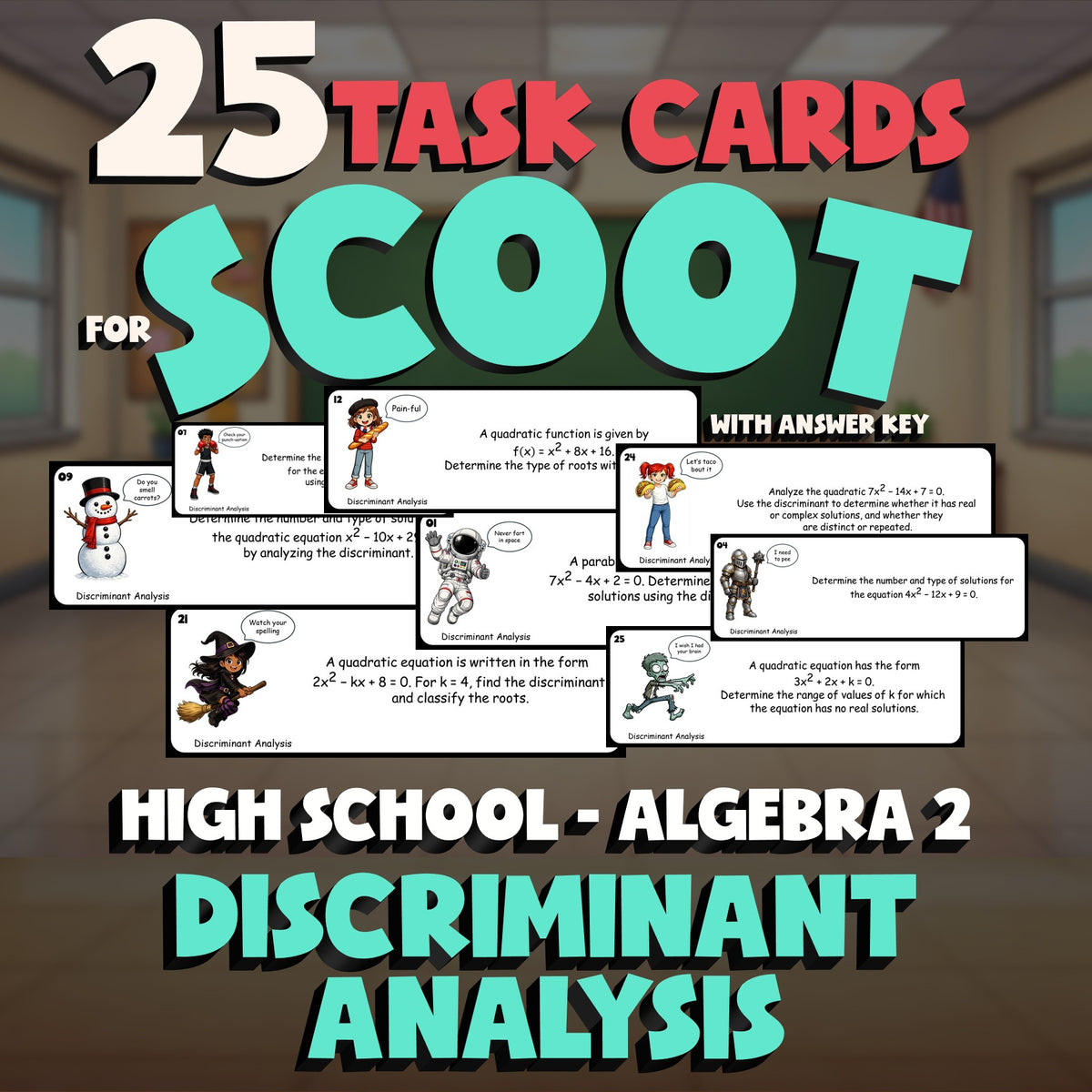 Discriminant Analysis SCOOT TASK CARDS Math Game - No Prep Algebra 2 Review