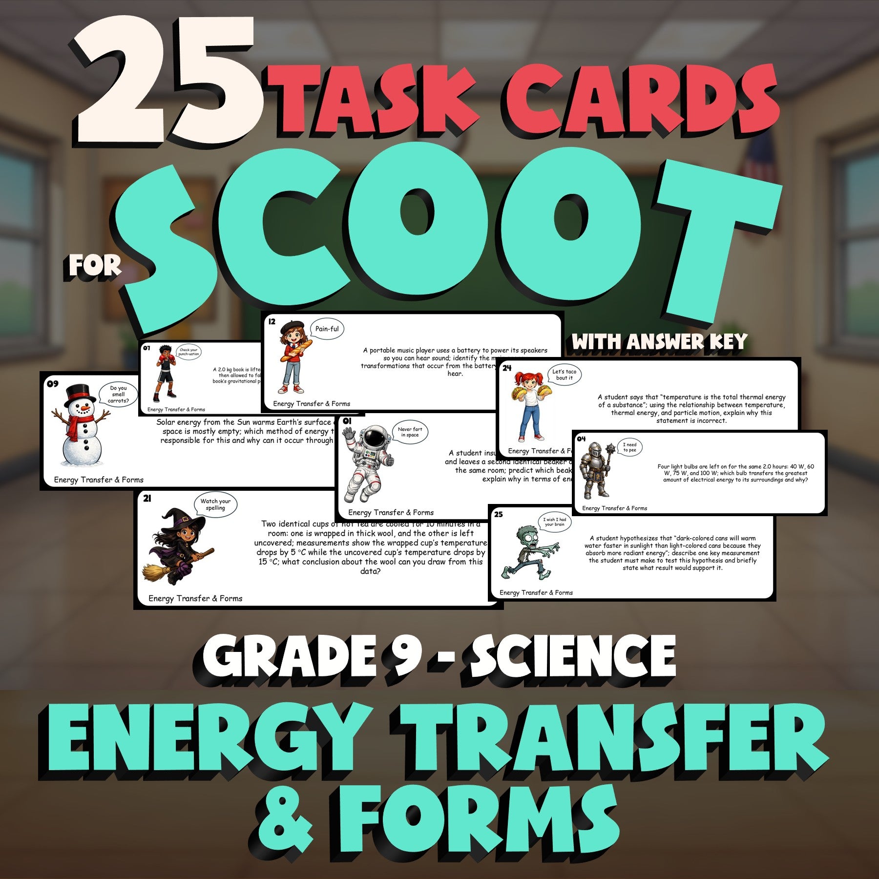 Energy Transfer & Forms SCOOT TASK CARDS Science Game - No Prep Grade 9 Review