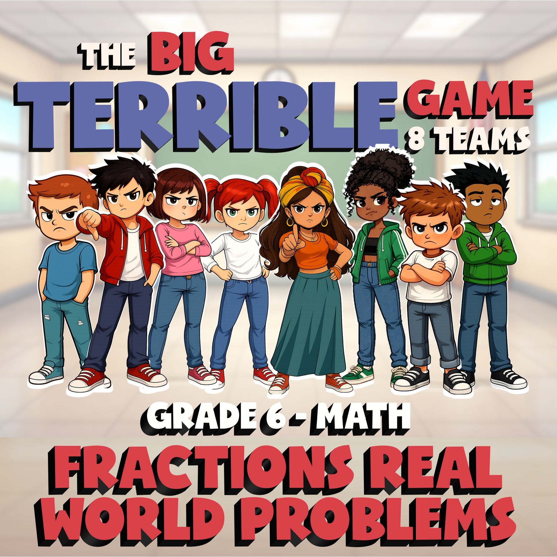 Fractions Real World Problems BIG TERRIBLE GAME - No Prep Grade 6 Math Review