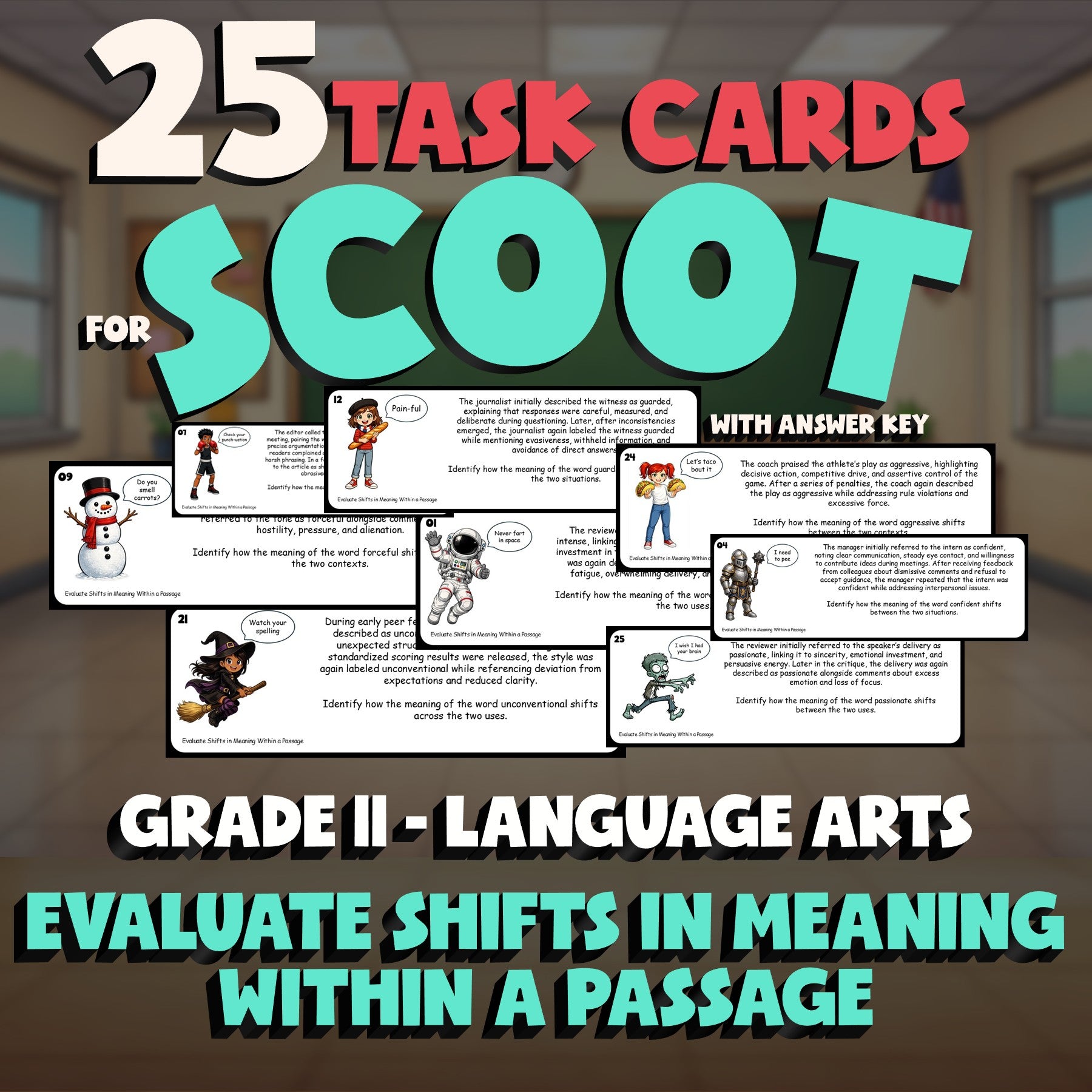 Evaluate Shifts in Meaning Within a Passage SCOOT TASK CARDS ELA Game - Grade 11