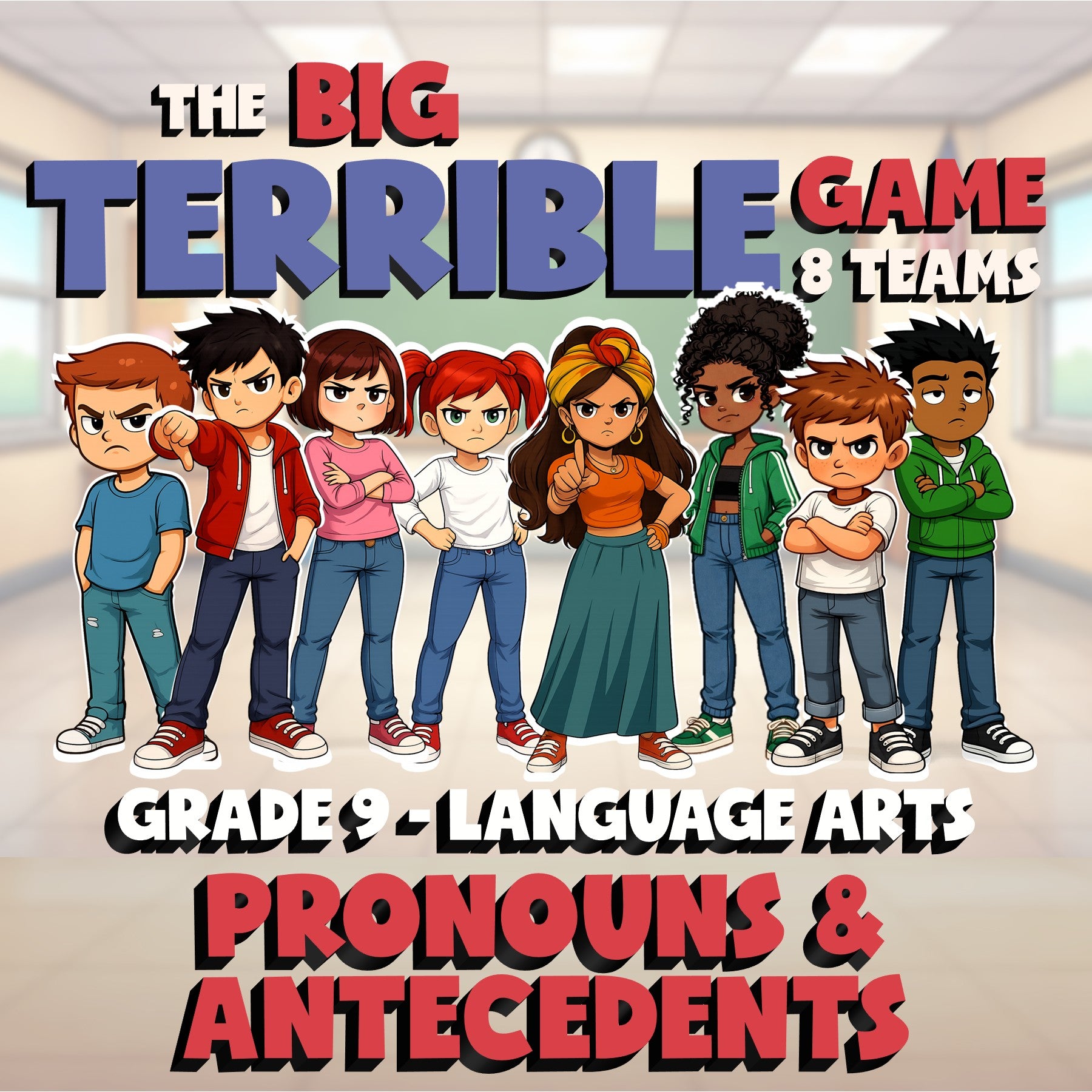 Pronouns & Antecedents BIG TERRIBLE GAME - No Prep Grade 9 ELA Review Activity